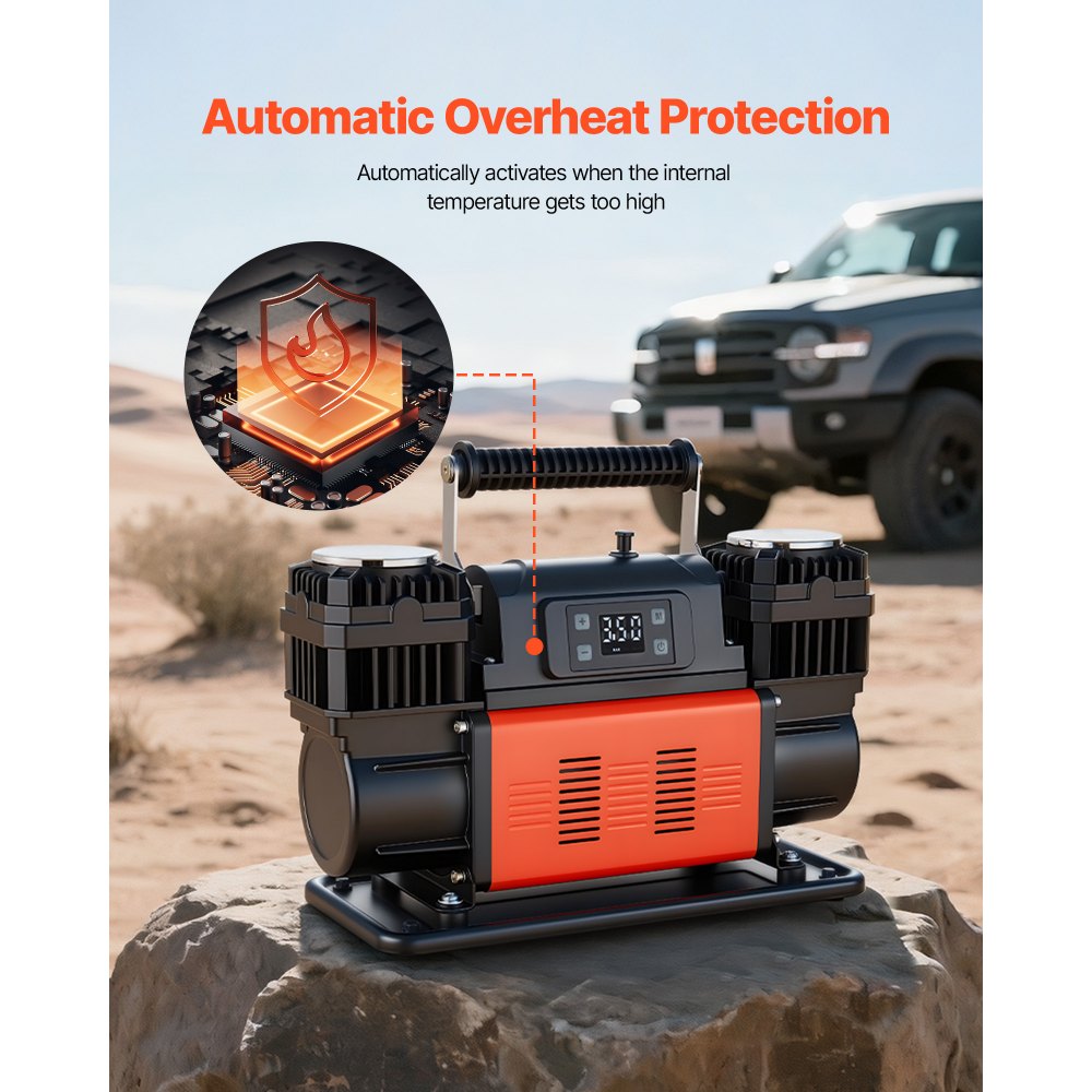 VEVOR tweecilinder luchtcompressor, 300 l/min, bandenpomp met automatische uitschakeling, 12 V, 10,3 bar, offroad luchtpomp met LCD digitaal display en adapters voor vrachtwagens, auto's, SUV's, terreinwagens en campers.