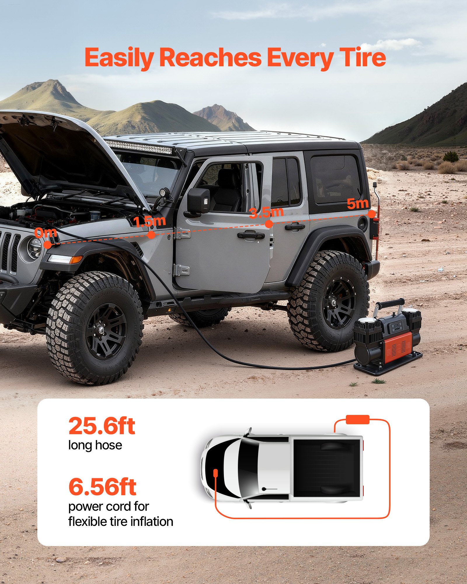 VEVOR tweecilinder luchtcompressor, 300 l/min, bandenpomp met automatische uitschakeling, 12 V, 10,3 bar, offroad luchtpomp met LCD digitaal display en adapters voor vrachtwagens, auto's, SUV's, terreinwagens en campers.