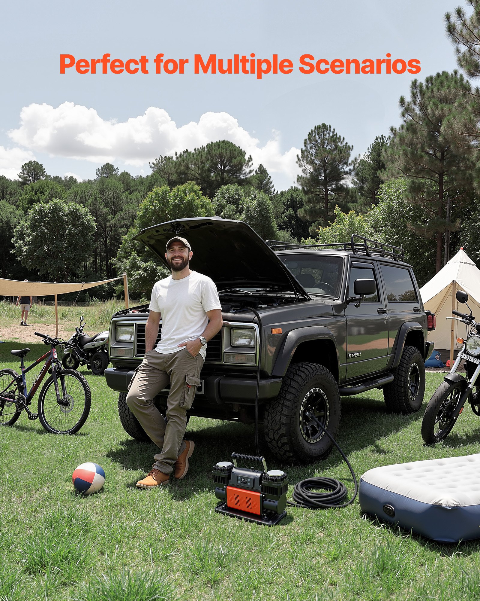 VEVOR tweecilinder luchtcompressor, 300 l/min, bandenpomp met automatische uitschakeling, 12 V, 10,3 bar, offroad luchtpomp met LCD digitaal display en adapters voor vrachtwagens, auto's, SUV's, terreinwagens en campers.