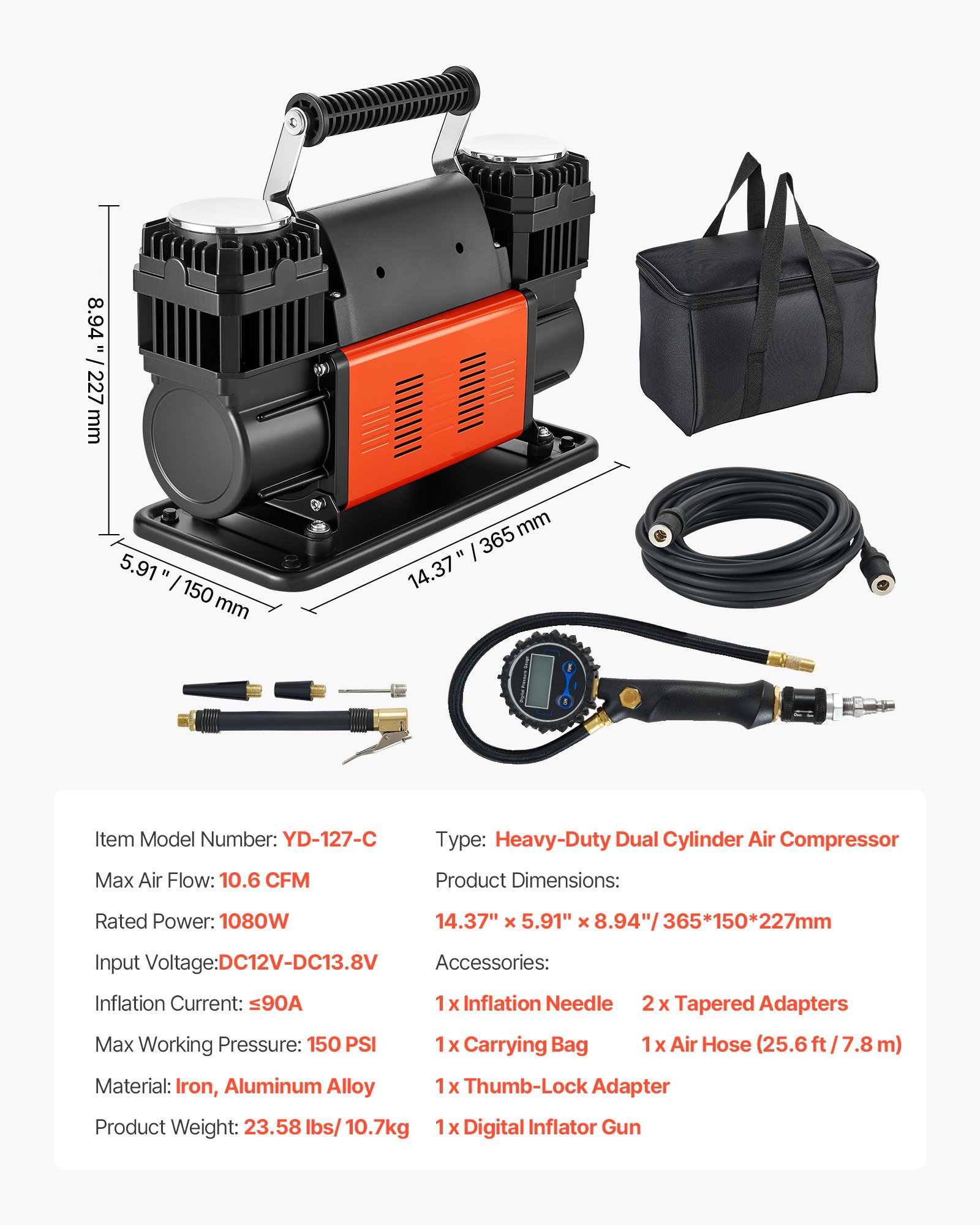 VEVOR Krachtige tweecilinder luchtcompressor, 300 l/min, draagbare bandenpomp, 12 V, 150 PSI, offroad luchtpomp met digitale drukmeter en adapters voor vrachtwagens, auto's, SUV's, terreinwagens en campers.