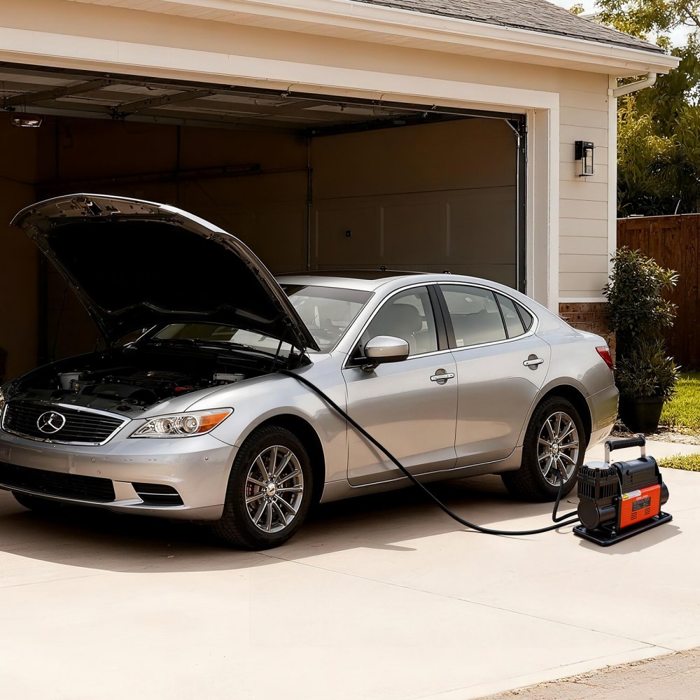 VEVOR draagbare luchtcompressor, bandenpomp met automatische uitschakelfunctie, LCD-digitaal display, 202 l/min, 10,3 bar, offroad luchtpomp met adapters voor vrachtwagens, auto's, SUV's, terreinwagens en campers.