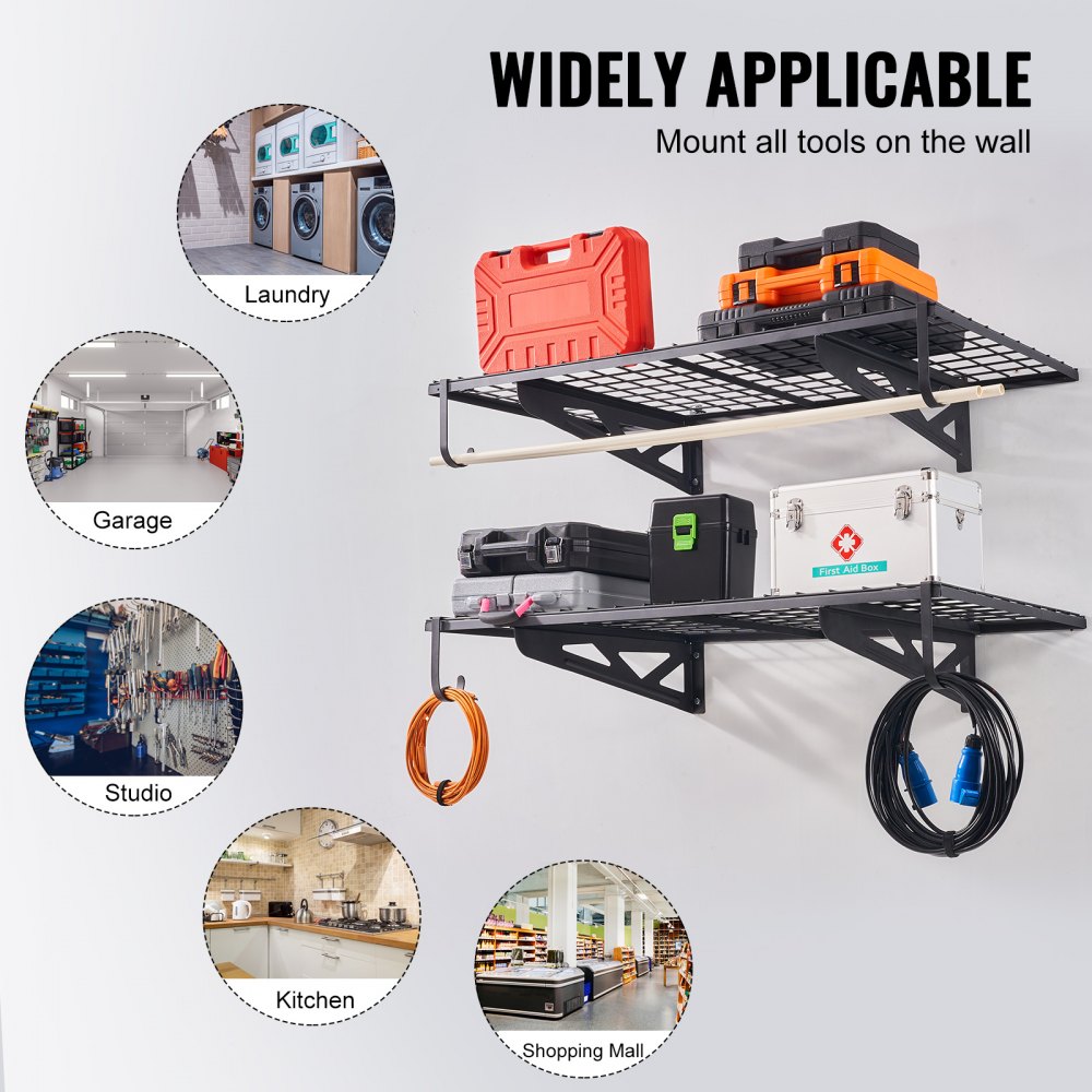 VEVOR Set van 2 garage-rekken 1220 x 620 x 209 mm Gereedschapsopslag 114 kg per laag Gereedschapshouder Muur 122 x 61 cm Plankruimte Opbergplanken Metalen plank Gereedschapsorganizer Wandplanken