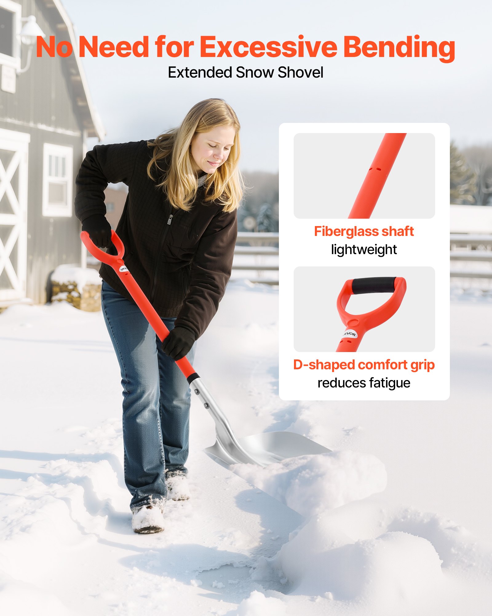 VEVOR Snow Shovel for Driveway, 35cm Wide Aluminum Alloy Snow Shovel with D-shaped Handles, Large Capacity Snowplow Shovels, Lightweight Snows Removal Tool for Garden Car Camping