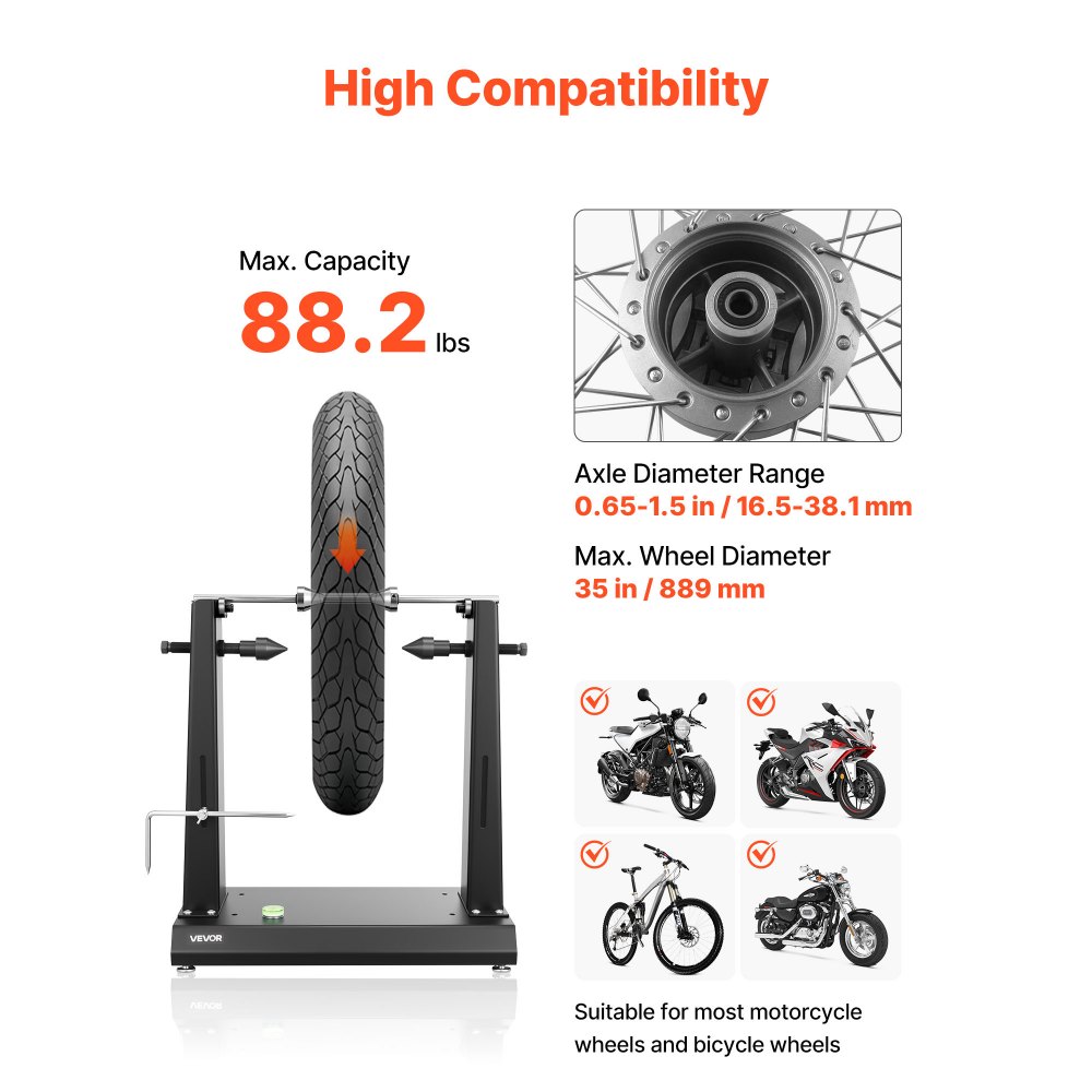 VEVOR Motorfiets Wielbalanceerstandaard, Bandenbalanceermachine, 40 kg draagvermogen, Bandenbalanceermachine met verstelbare centreerkegels en centreeraanwijzer, Bandenmontagehulpmiddel voor wielen met een diameter van φ 889 mm