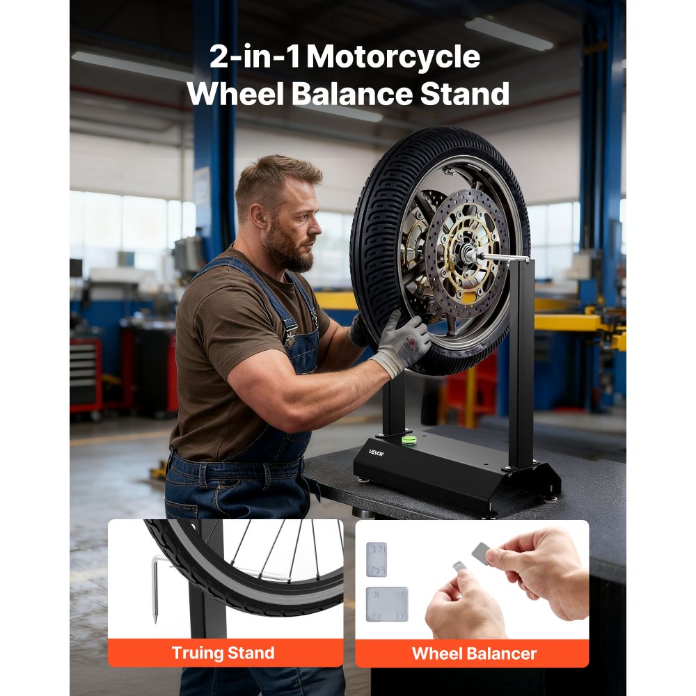 VEVOR Motorfiets Wielbalanceerstandaard, Bandenbalanceermachine, 40 kg draagvermogen, Bandenbalanceermachine met verstelbare centreerkegels en centreeraanwijzer, Bandenmontagehulpmiddel voor wielen met een diameter van φ 812,8 mm