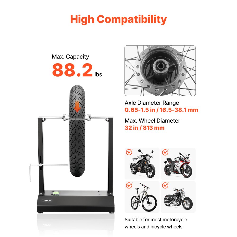 VEVOR Motorfiets Wielbalanceerstandaard, Bandenbalanceermachine, 40 kg draagvermogen, Bandenbalanceermachine met verstelbare centreerkegels en centreeraanwijzer, Bandenmontagehulpmiddel voor wielen met een diameter van φ 812,8 mm