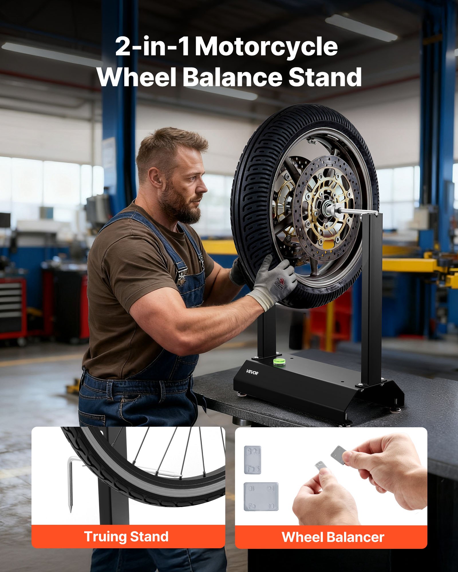 VEVOR Motorfiets Wielbalanceerstandaard, Bandenbalanceermachine, 40 kg draagvermogen, Bandenbalanceermachine met verstelbare centreerkegels en centreeraanwijzer, Bandenmontagehulpmiddel voor wielen met een diameter van φ 812,8 mm