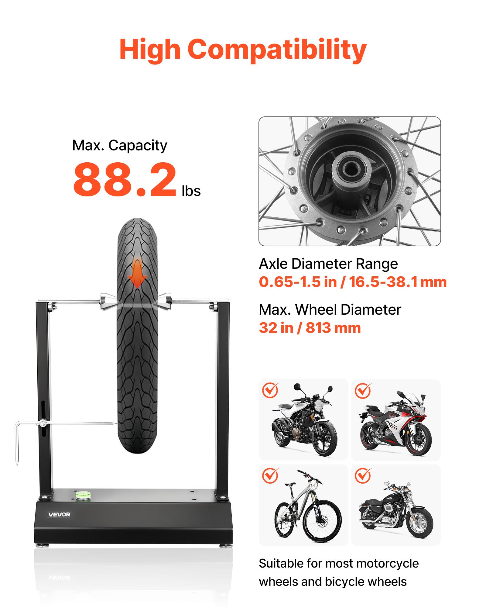VEVOR Motorfiets Wielbalanceerstandaard, Bandenbalanceermachine, 40 kg draagvermogen, Bandenbalanceermachine met verstelbare centreerkegels en centreeraanwijzer, Bandenmontagehulpmiddel voor wielen met een diameter van φ 812,8 mm