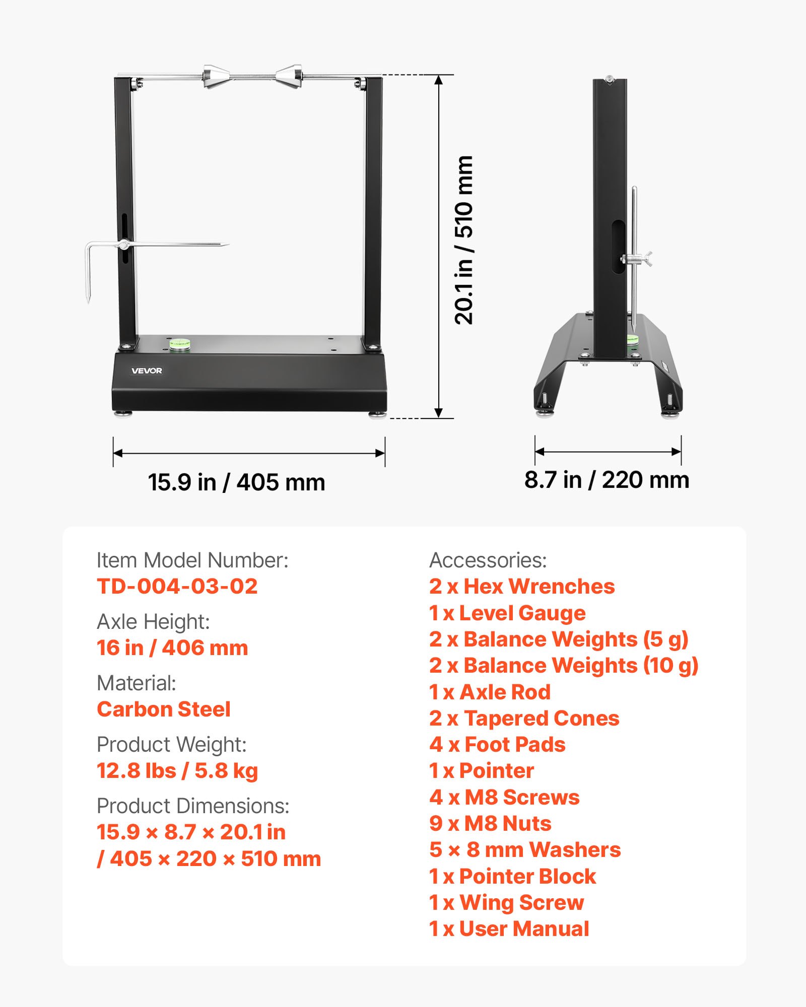 VEVOR Motorfiets Wielbalanceerstandaard, Bandenbalanceermachine, 40 kg draagvermogen, Bandenbalanceermachine met verstelbare centreerkegels en centreeraanwijzer, Bandenmontagehulpmiddel voor wielen met een diameter van φ 812,8 mm
