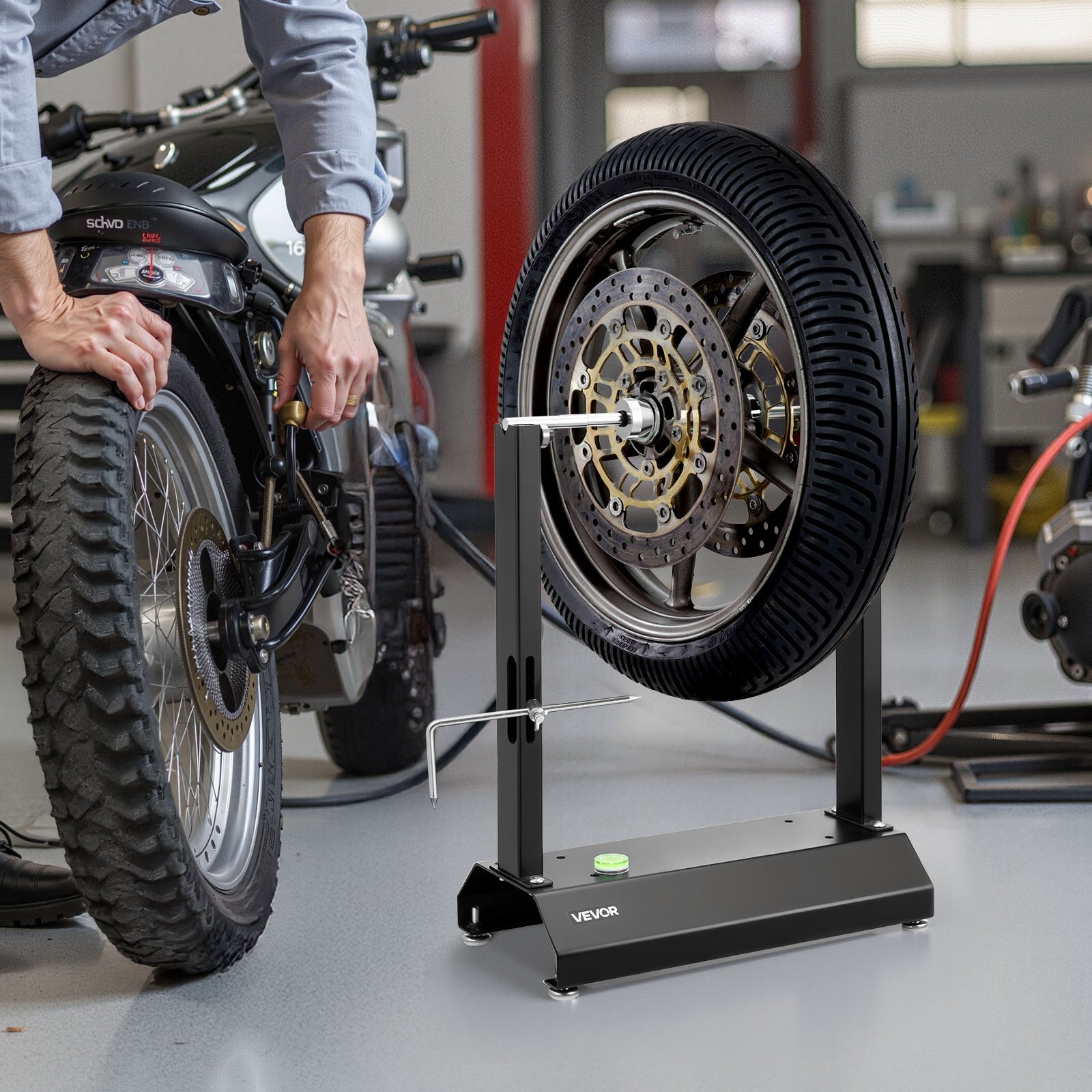 VEVOR Motorfiets Wielbalanceerstandaard, Bandenbalanceermachine, 40 kg draagvermogen, Bandenbalanceermachine met verstelbare centreerkegels en centreeraanwijzer, Bandenmontagehulpmiddel voor wielen met een diameter van φ 812,8 mm
