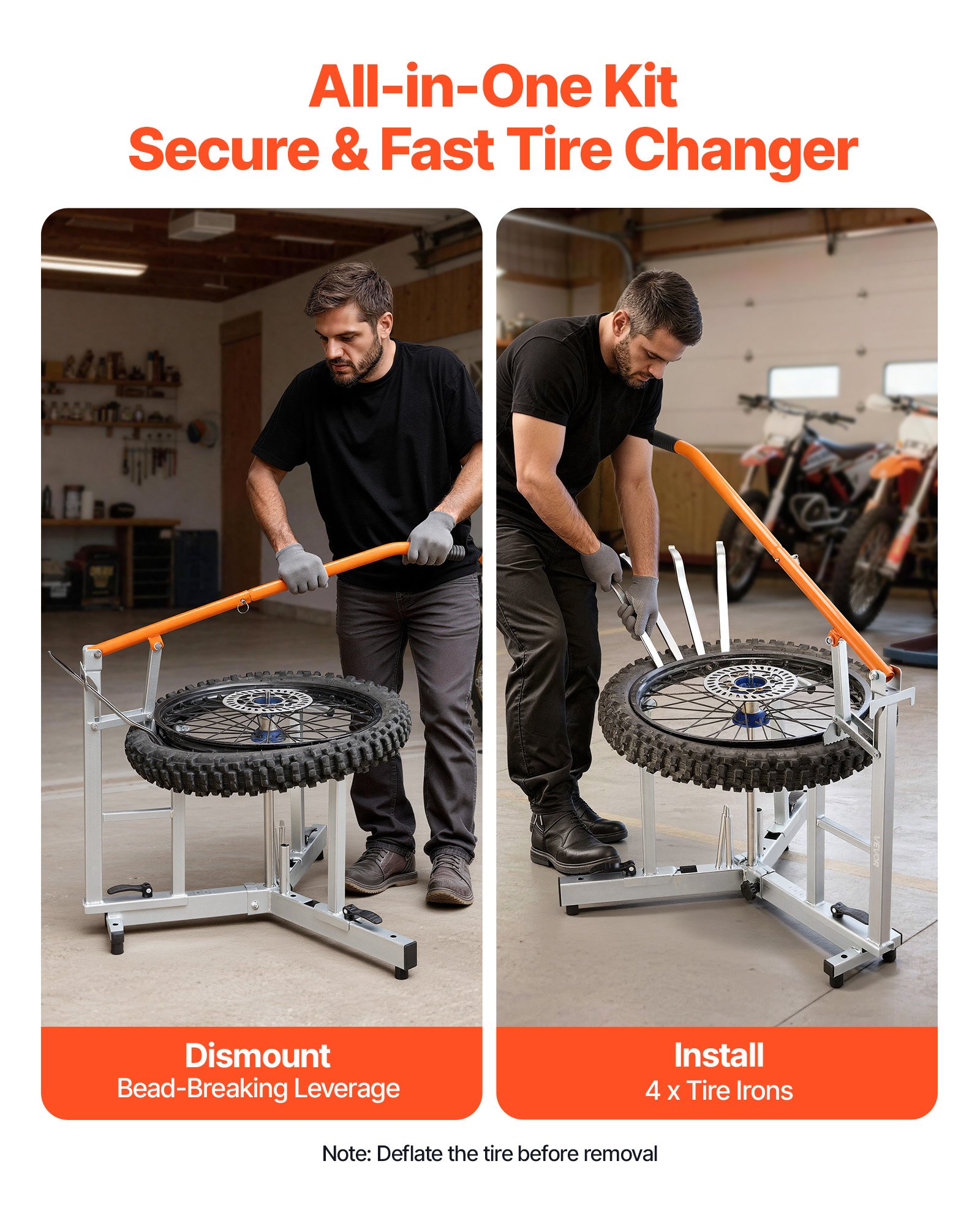 VEVOR Bandenmontageset, handmatige bandenwisselset, geschikt voor banden van 16-21 inch met assen van 15/17/20/25 mm. Wielmontagehulpmiddel voor buiten- en mobiele reparaties van universele motorfietsen en fietsen.