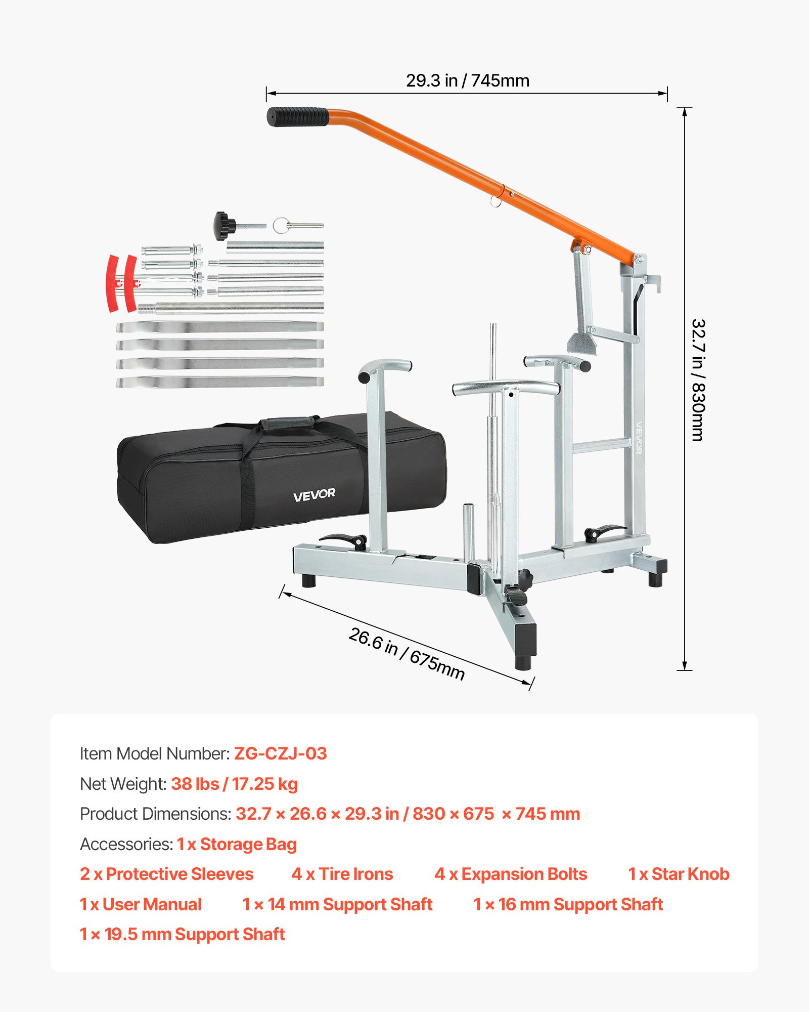 VEVOR Bandenmontageset, handmatige bandenwisselset, geschikt voor banden van 16-21 inch met assen van 15/17/20/25 mm. Wielmontagehulpmiddel voor buiten- en mobiele reparaties van universele motorfietsen en fietsen.