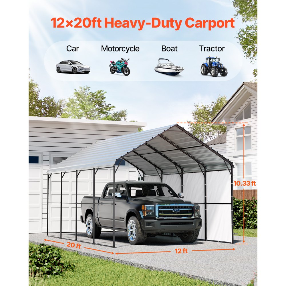 VEVOR Heavy Duty Metal Carport, 12' x 20' Outdoor Carport with Galvanized Steel Frame & Roof, Car Tent Garage Shade with Removable Sidewalls, Multi-Use Car Shelter for Pickup, Boat, Car & Tractors