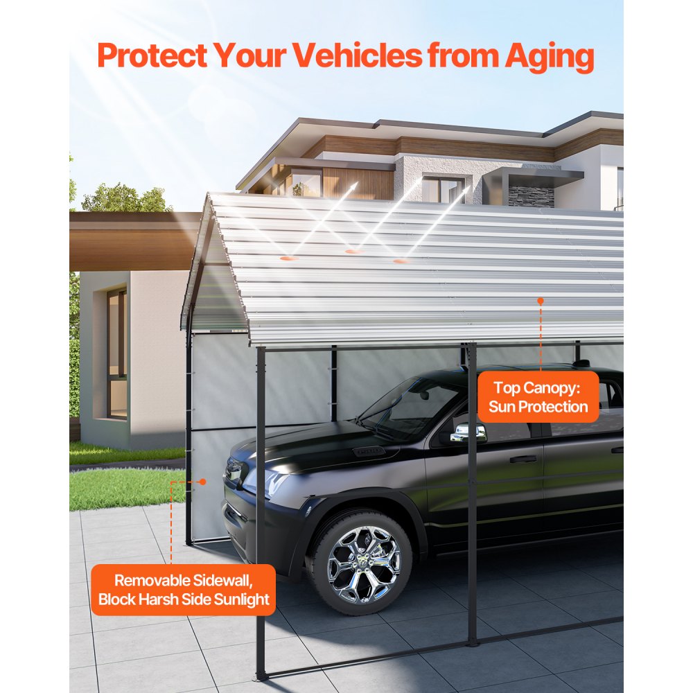 VEVOR Heavy Duty Metal Carport, 12' x 20' Outdoor Carport with Galvanized Steel Frame & Roof, Car Tent Garage Shade with Removable Sidewalls, Multi-Use Car Shelter for Pickup, Boat, Car & Tractors