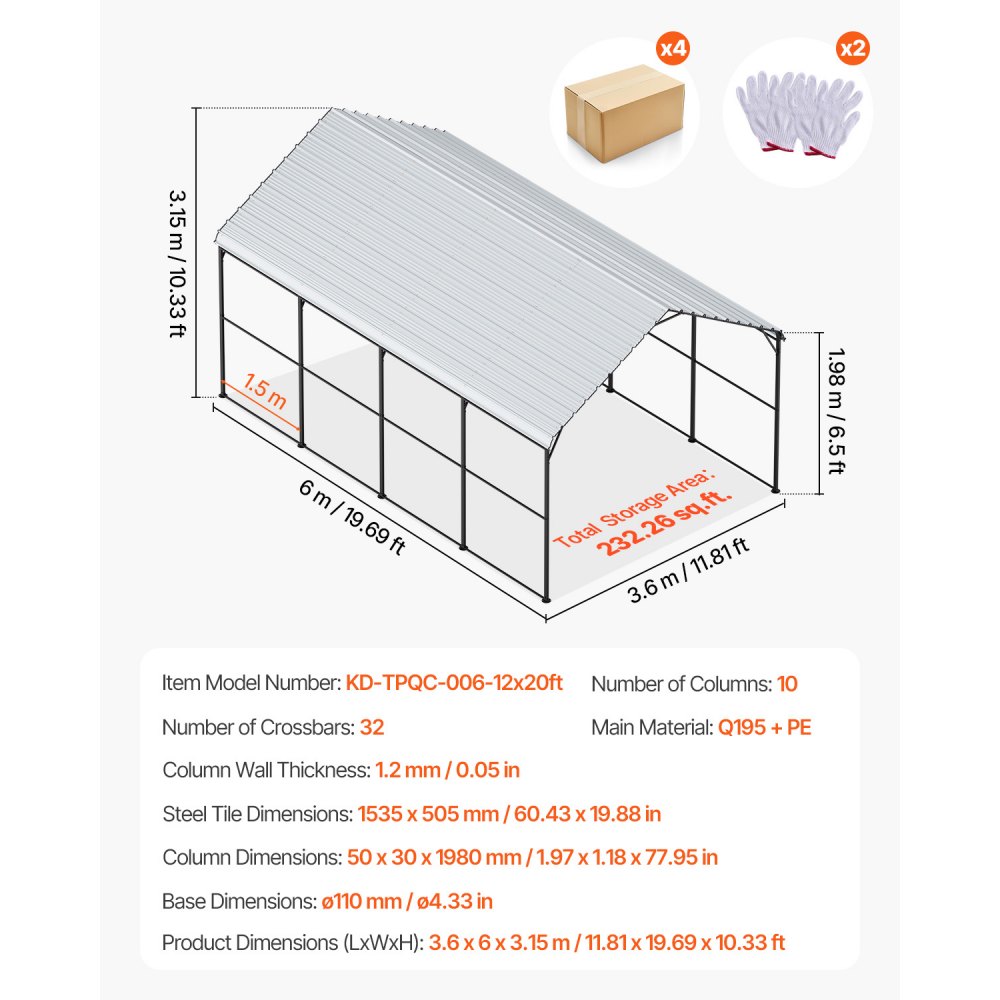 VEVOR Heavy Duty Metal Carport, 12' x 20' Outdoor Carport with Galvanized Steel Frame & Roof, Car Tent Garage Shade with Removable Sidewalls, Multi-Use Car Shelter for Pickup, Boat, Car & Tractors
