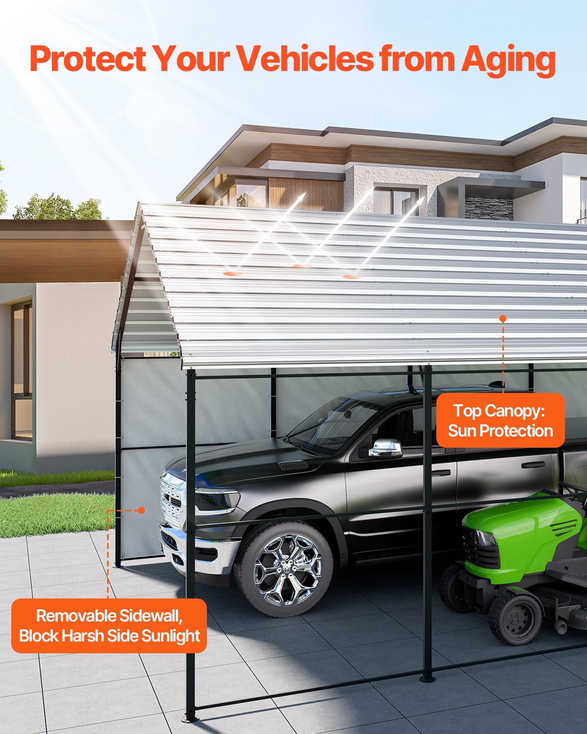 VEVOR Tent Garage, 4 x 8 x 3,15 m, Garagetent, Carport met stalen frame en dak, Autotent Garage Schaduw met verwijderbare zijwanden, Multifunctionele auto-overkapping voor pick-uptrucks, boten, auto's en tractoren