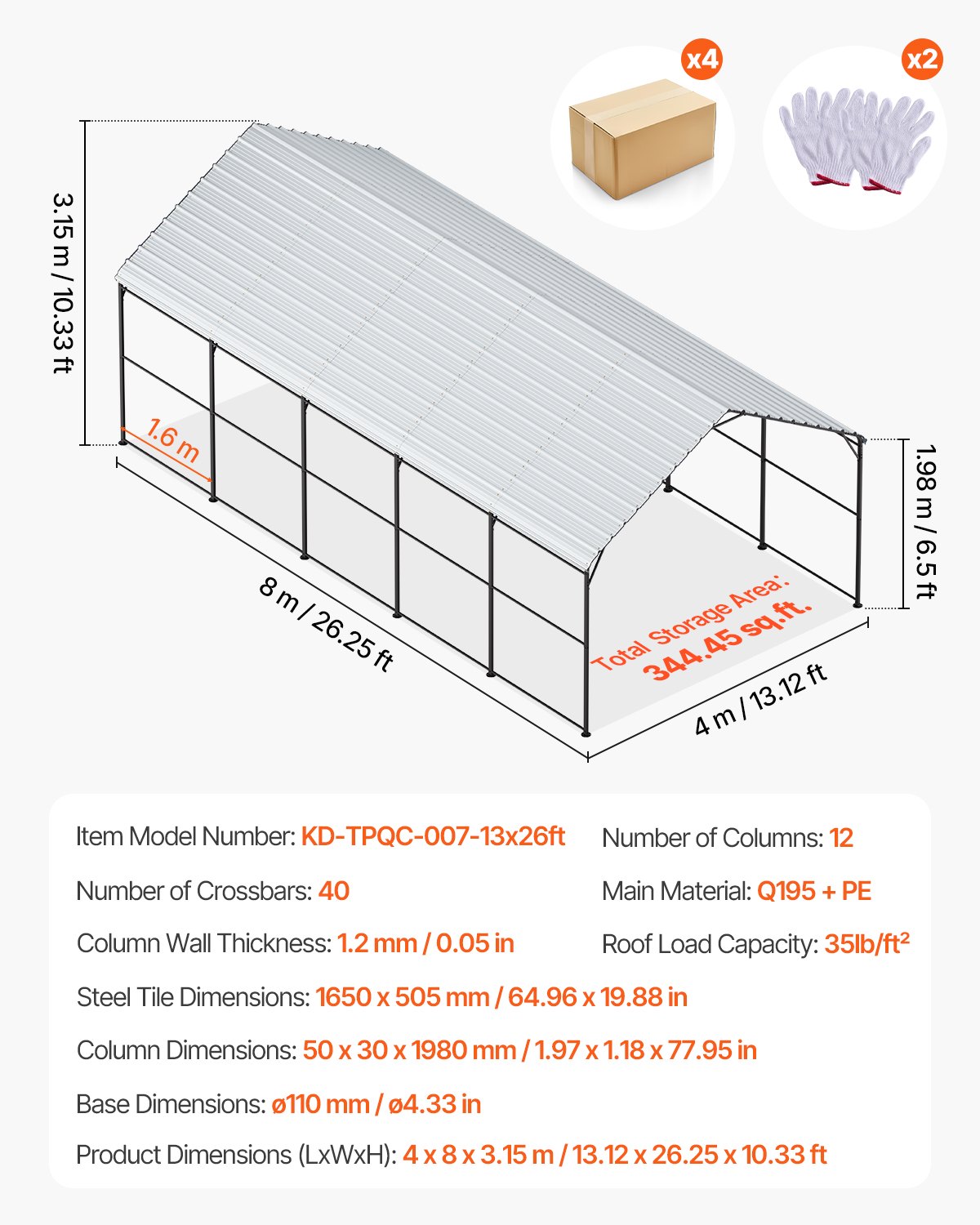 VEVOR Tent Garage, 4 x 8 x 3,15 m, Garagetent, Carport met stalen frame en dak, Autotent Garage Schaduw met verwijderbare zijwanden, Multifunctionele auto-overkapping voor pick-uptrucks, boten, auto's en tractoren