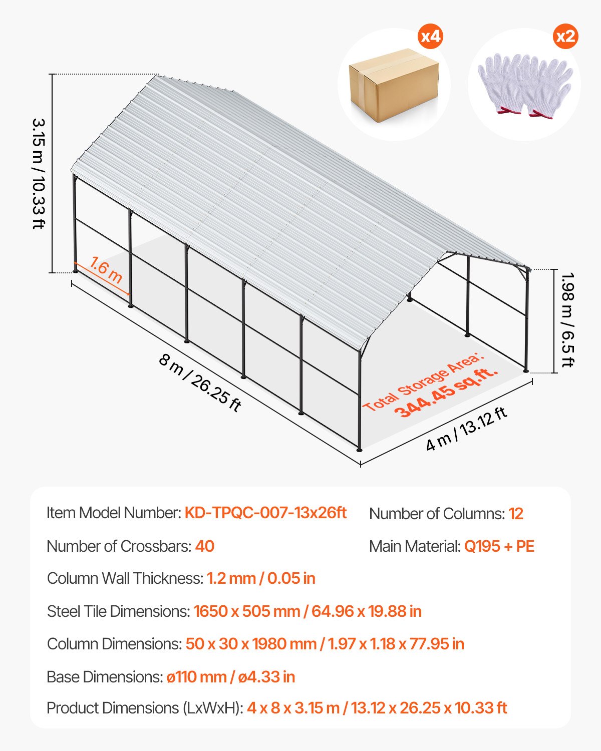 VEVOR Tentgarage, 4 x 8 x 3,15 m, Garagetent, Carport met stalen frame en dak, Autotent met afneembare zijwanden, Multifunctionele overkapping voor pick-up trucks, boten, auto's en tractoren