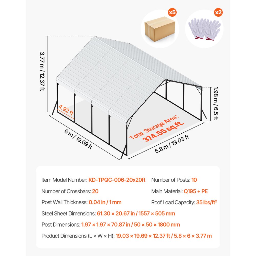 VEVOR Heavy Duty Metal Carport, 20 x 20 ft Outdoor Carport with Sturdy Frame & Roof, Car Garage Shade with Removable Sidewalls, Multi-Use Car Shelter for Pickup, Boat, Trucks & Tractors