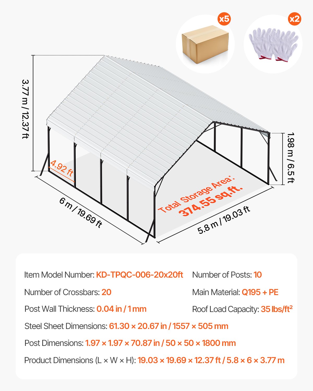 VEVOR Heavy Duty Metal Carport, 20 x 20 ft Outdoor Carport with Sturdy Frame & Roof, Car Garage Shade with Removable Sidewalls, Multi-Use Car Shelter for Pickup, Boat, Trucks & Tractors