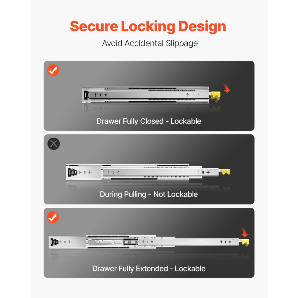 VEVOR volledig uittrekbare ladegeleiders, 1 paar, telescopische ladegeleiders, 400 mm, draagvermogen 113,4 kg, zijdelings gemonteerde glijrail met kogellagers en vergrendeling