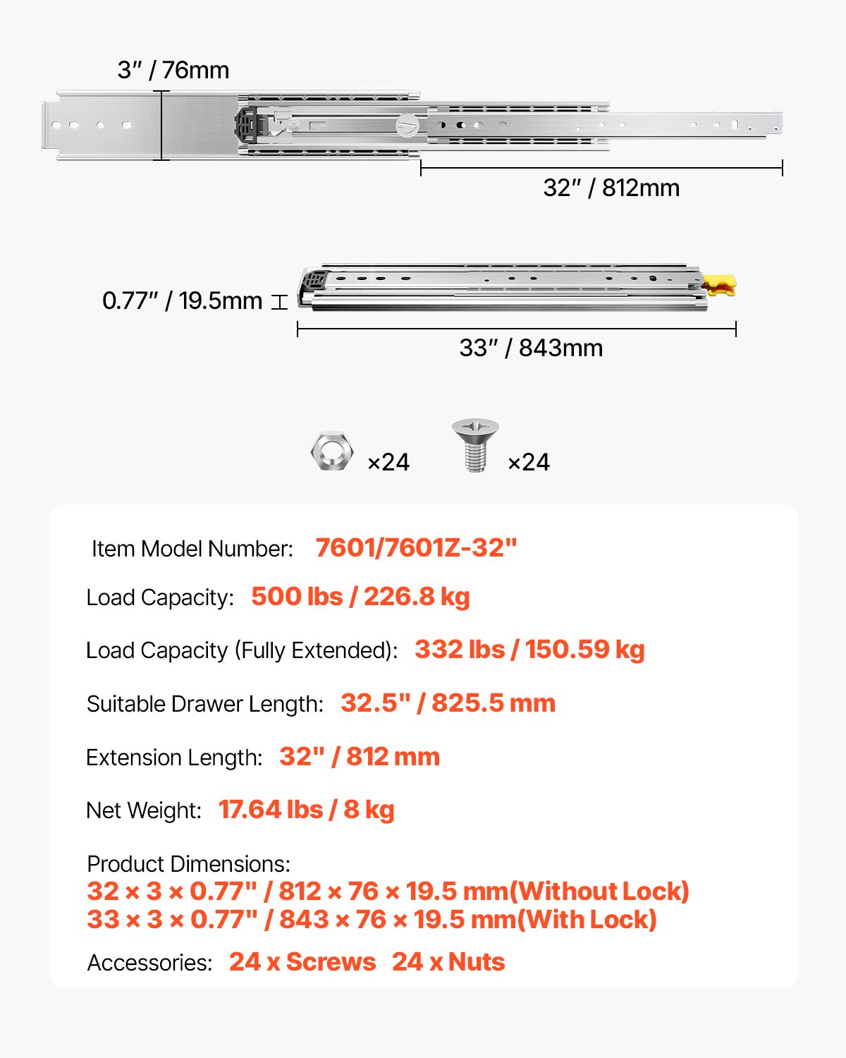 VEVOR 1 paar volledig uittrekbare ladegeleiders 812 mm, draagvermogen 226,8 kg, ladegeleiders, kogellagers met slot, zijdelings gemonteerde telescopische geleiders voor planken, kasten, industriële lades