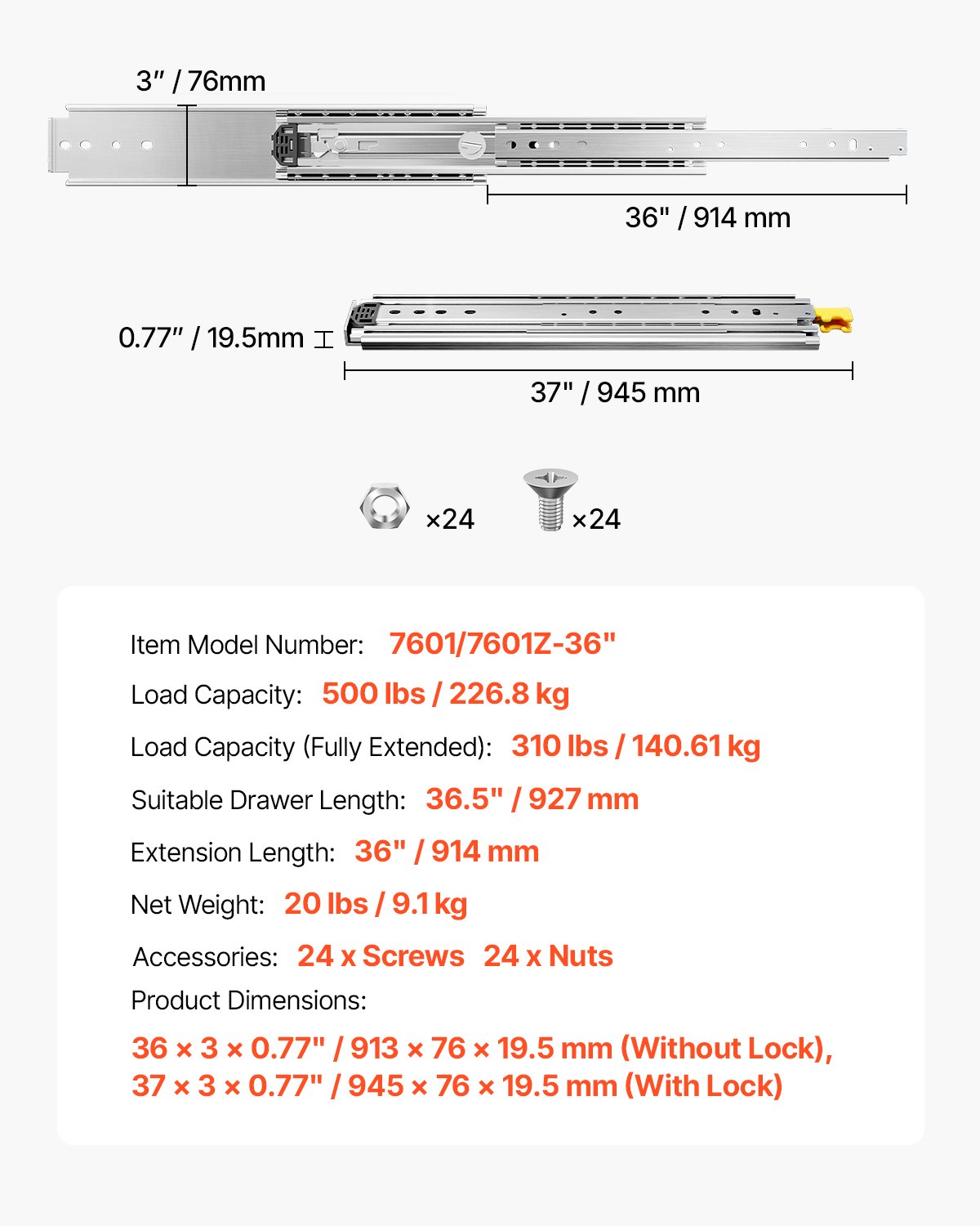 VEVOR 1 paar volledig uittrekbare ladegeleiders 914 mm, draagvermogen 226 kg, ladegeleiders, kogellagers met slot, zijdelings gemonteerde telescopische geleiders voor planken, kasten, industriële lades