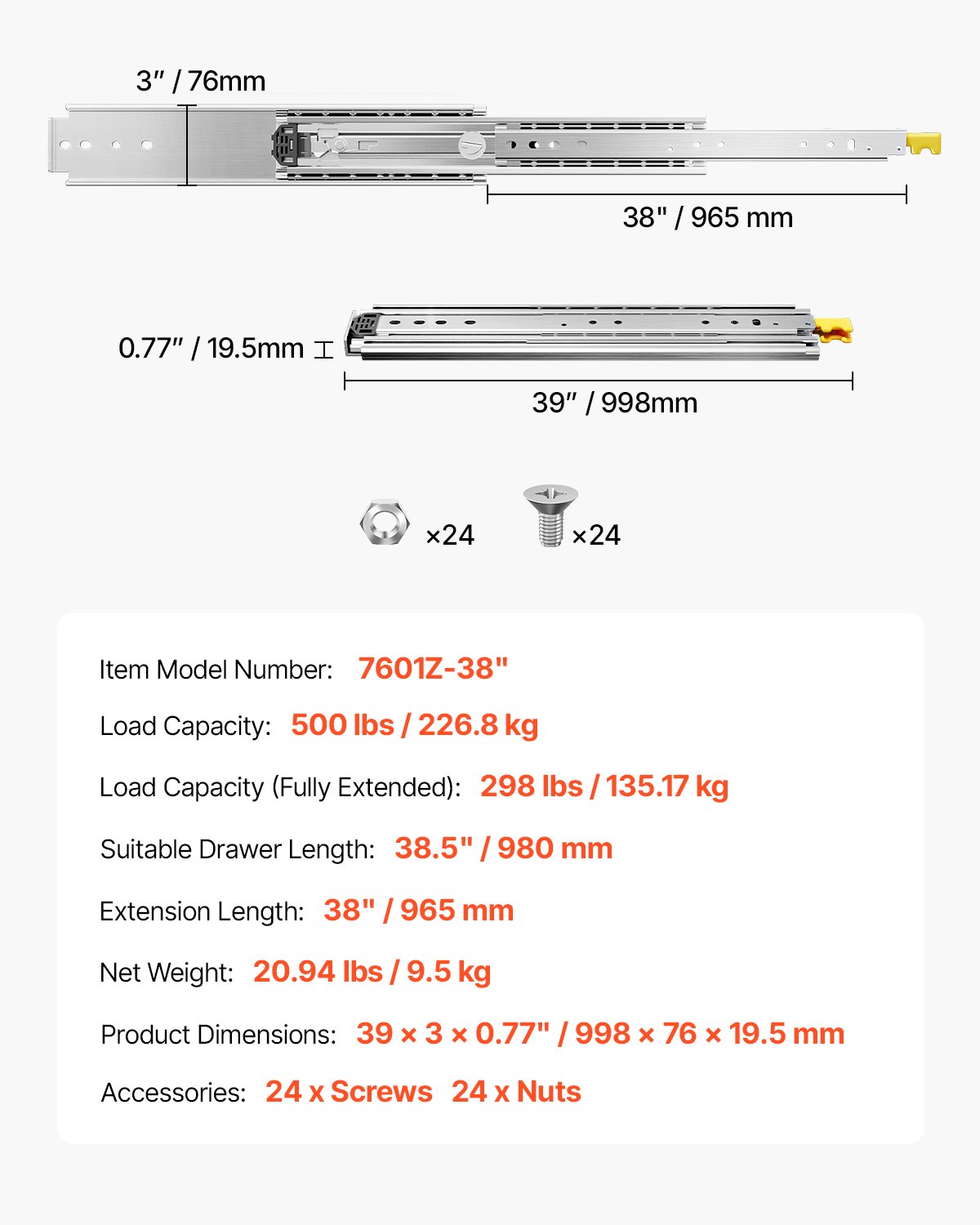 VEVOR 1 paar volledig uittrekbare ladegeleiders 965 mm, draagvermogen 226,8 kg, ladegeleiders, kogellagers met slot, zijdelings gemonteerde telescopische geleiders voor planken, kasten, industriële lades