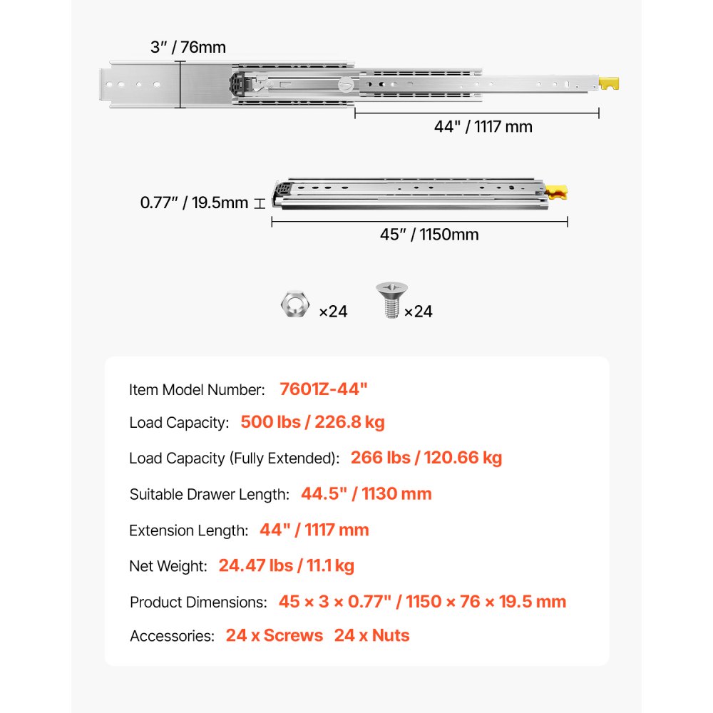 VEVOR 1 paar volledig uittrekbare ladegeleiders 1117 mm, draagvermogen 226 kg, ladegeleiders, kogellagers met slot, zijdelings gemonteerde telescopische geleiders voor planken, kasten, industriële lades