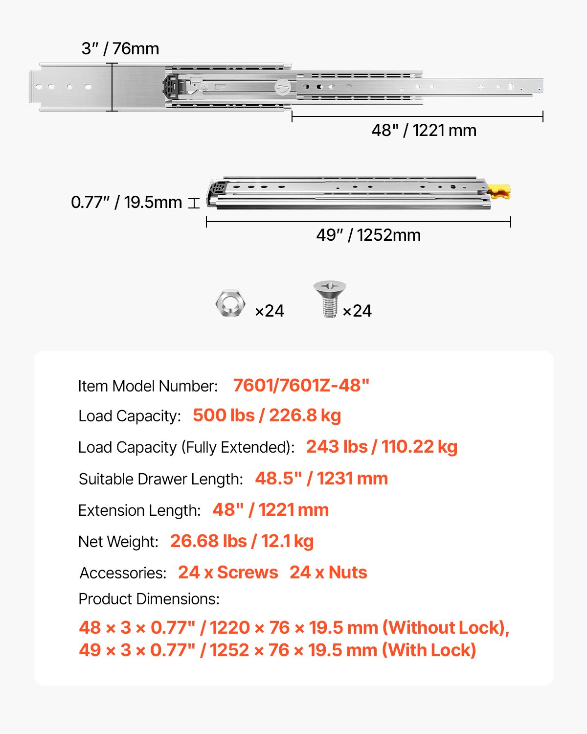 VEVOR 1 paar volledig uittrekbare ladegeleiders 1221 mm, draagvermogen 226 kg, ladegeleiders, kogellagers met slot, zijdelings gemonteerde telescopische geleiders voor planken, kasten, industriële lades