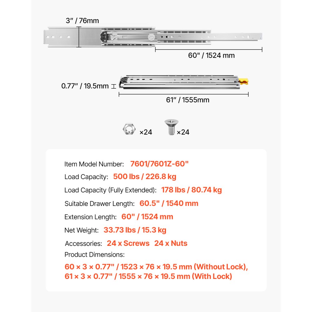 VEVOR volledig uittrekbare ladegeleiders, 1 paar telescopische rails, volledig uittrekbaar, ladegeleider van 1524 mm, draagvermogen van 226,8 kg, zijdelings gemonteerde schuifrail met kogellagers en vergrendeling