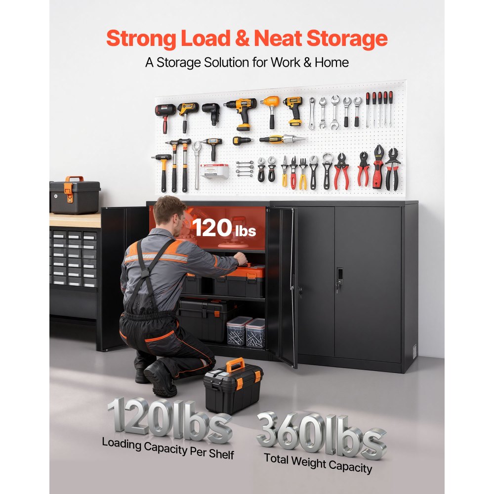 VEVOR metalen opbergkast, 3 niveaus, 106 cm hoog, garagekast met verstelbare planken, 2 magnetische deuren en 2 sleutels, geschikt voor voorraadkast, magazijn, kelder, zwart