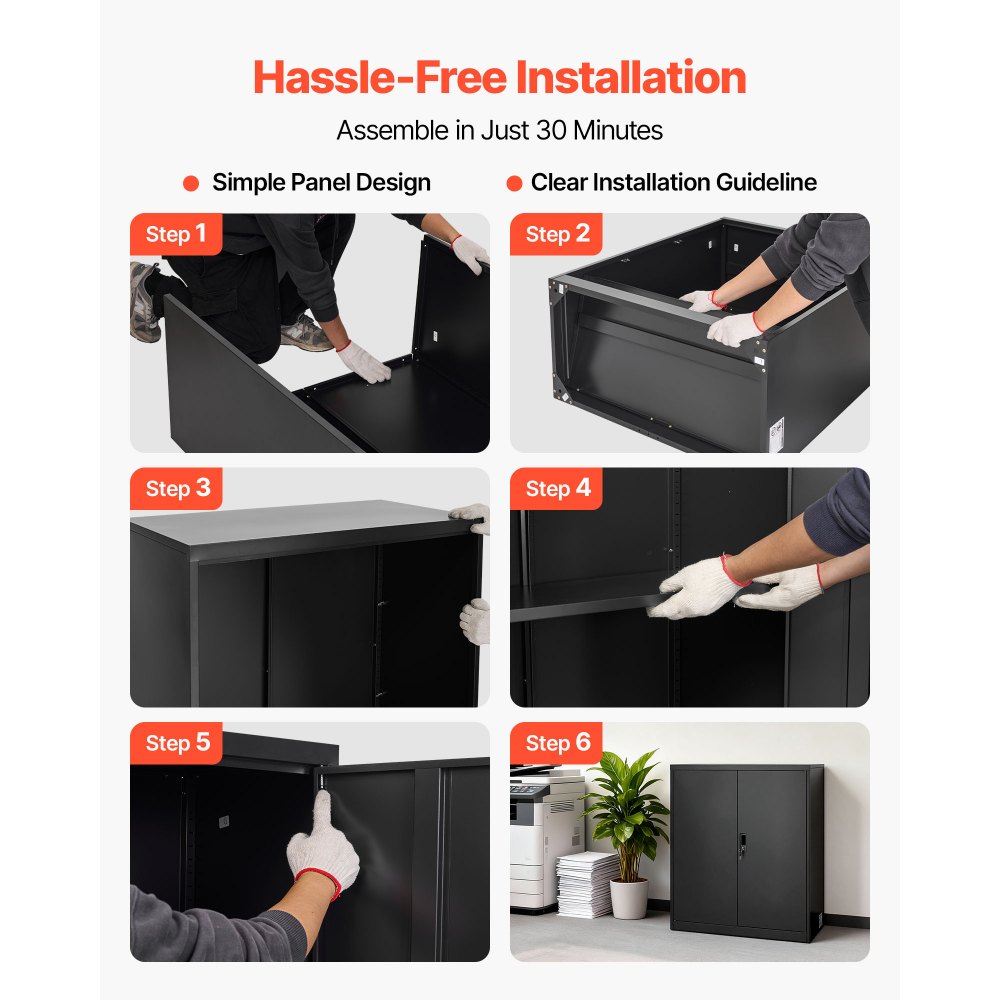 VEVOR metalen opbergkast, 3 niveaus, 106 cm hoog, garagekast met verstelbare planken, 2 magnetische deuren en 2 sleutels, geschikt voor voorraadkast, magazijn, kelder, zwart