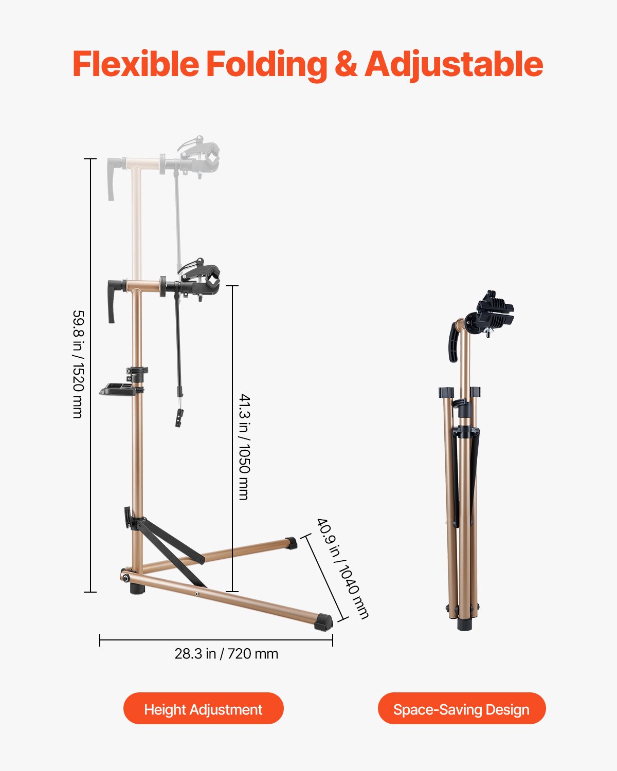 VEVOR Fietsreparatiestandaard 39,9 kg laadvermogen met 105-152 cm verstelbare hoogte en magnetische gereedschapsbak, opvouwbare onderhoudsstandaard voor mountainbikes racefietsen