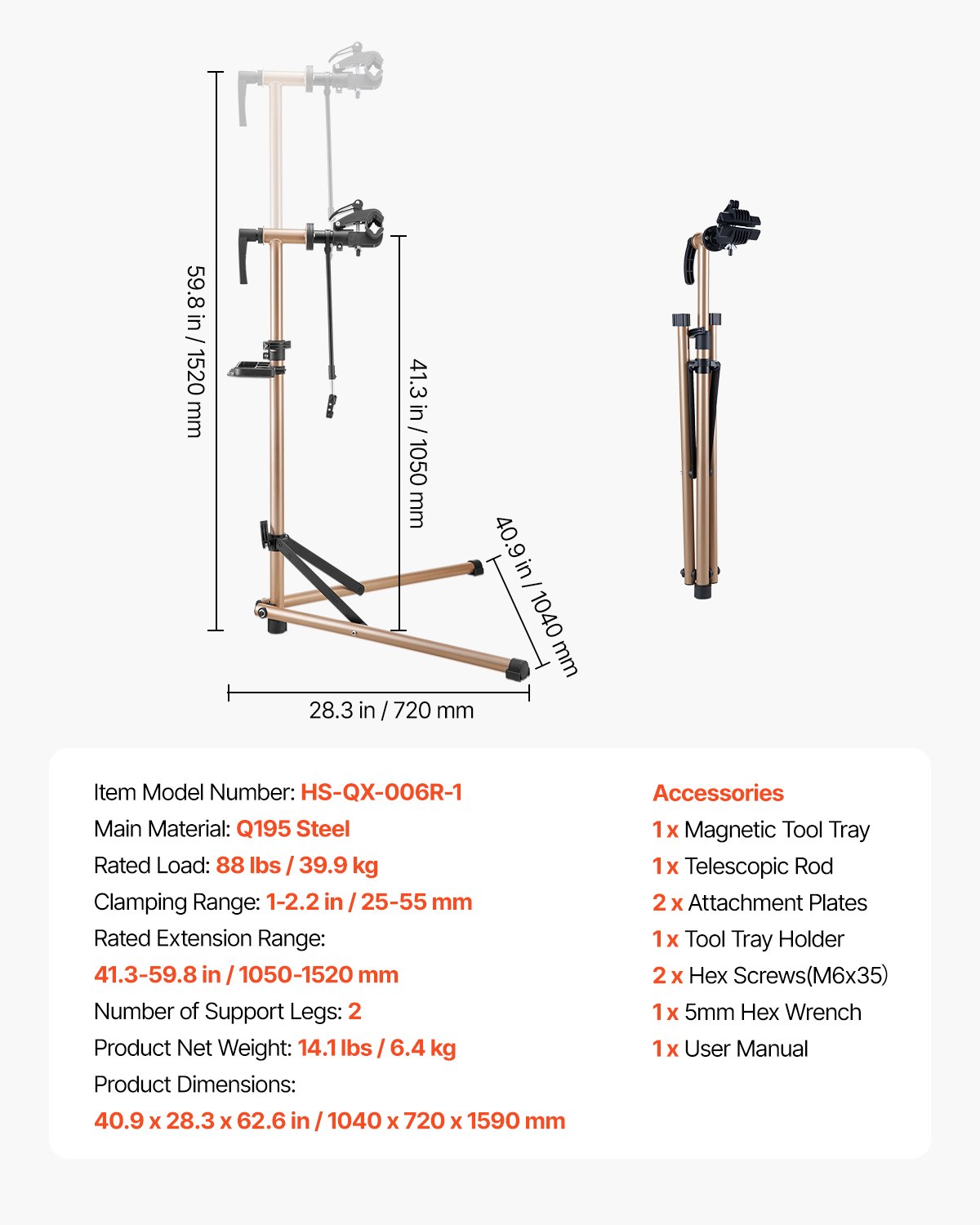 VEVOR Fietsreparatiestandaard 39,9 kg laadvermogen met 105-152 cm verstelbare hoogte en magnetische gereedschapsbak, opvouwbare onderhoudsstandaard voor mountainbikes racefietsen
