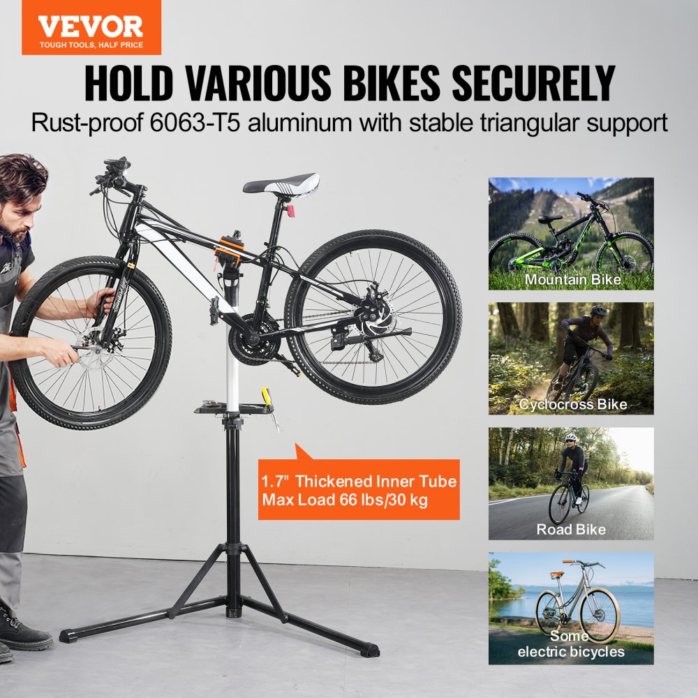 VEVOR Fietsreparatiestandaard, Fietsmontagestandaard, Robuuste montagestandaard 30 kg, In hoogte verstelbare fietsstandaard van 102-160 cm met 360° draaibare klemkop