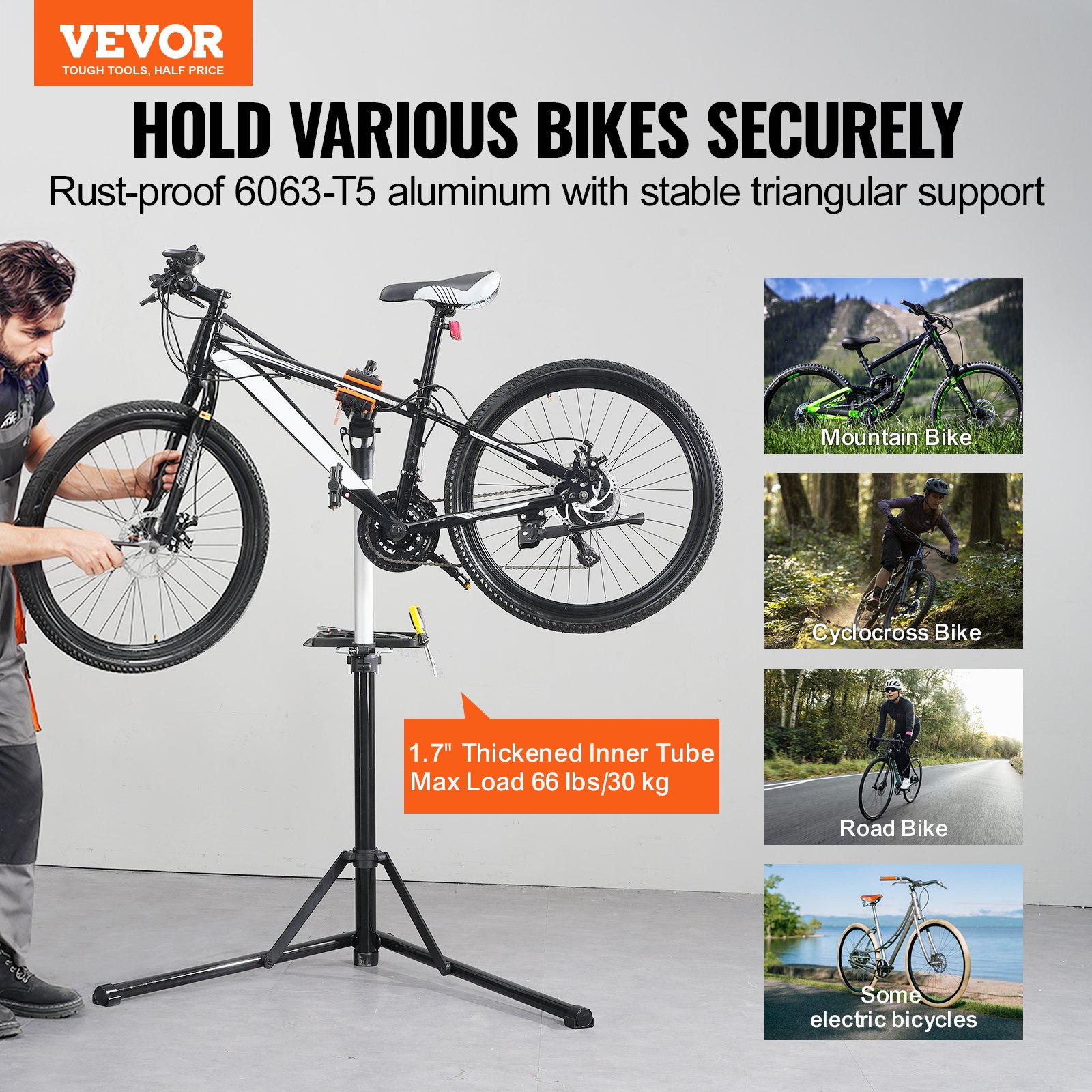 VEVOR Fietsreparatiestandaard Fietsmontagestandaard, Reparatiestandaard voor fietsen, Zware montagestandaard 30 kg, 102-160 cm Hoogteverstelbare fietsstandaard met 360° draaibare klemkop