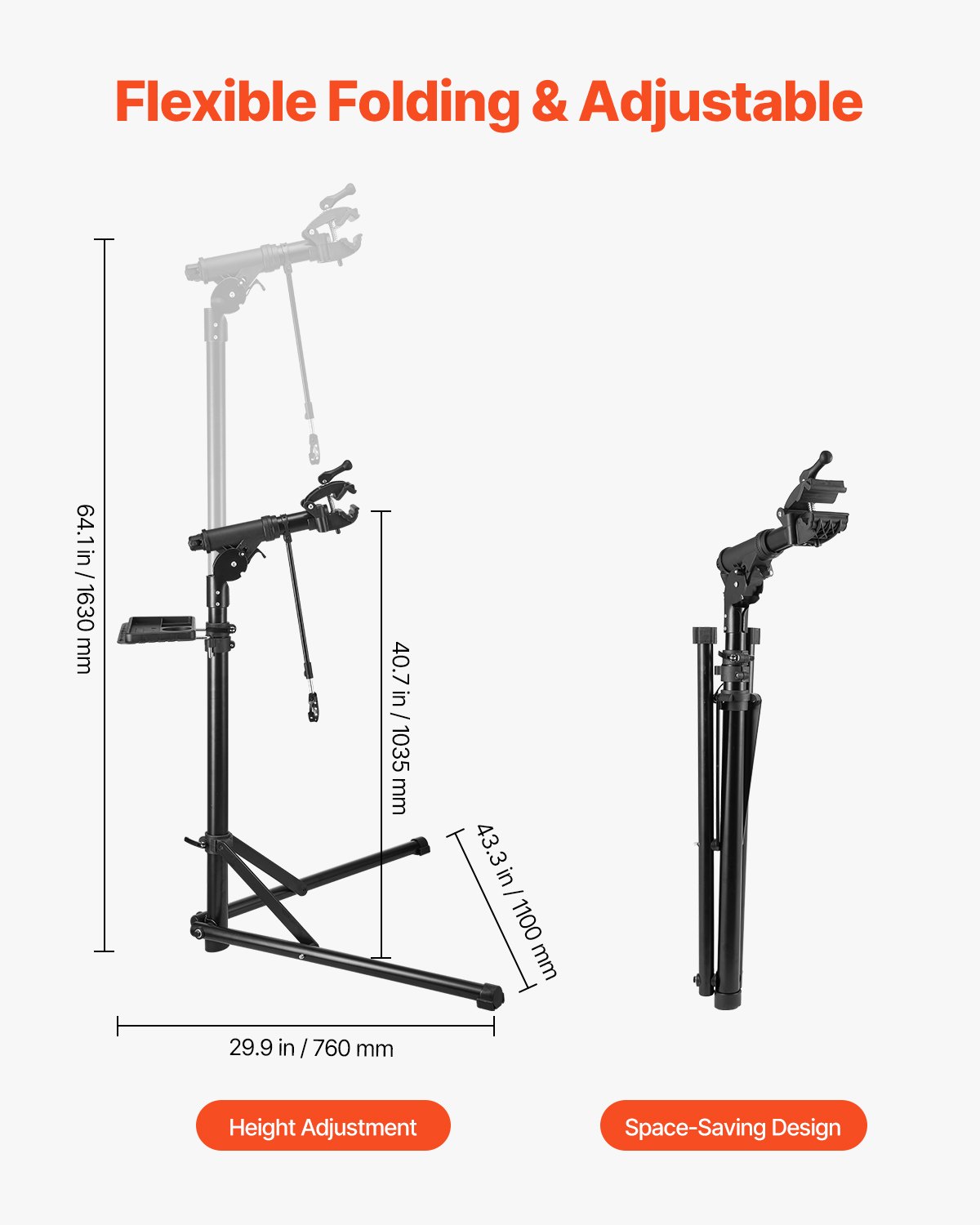 VEVOR Fietsreparatiestandaard Fietsmontagestandaard (draagvermogen 38,56 kg) met 1035-1630 mm verstelbare hoogte & magnetische gereedschapsbak, opvouwbare onderhoudsstandaard voor mountainbikes racefietsen