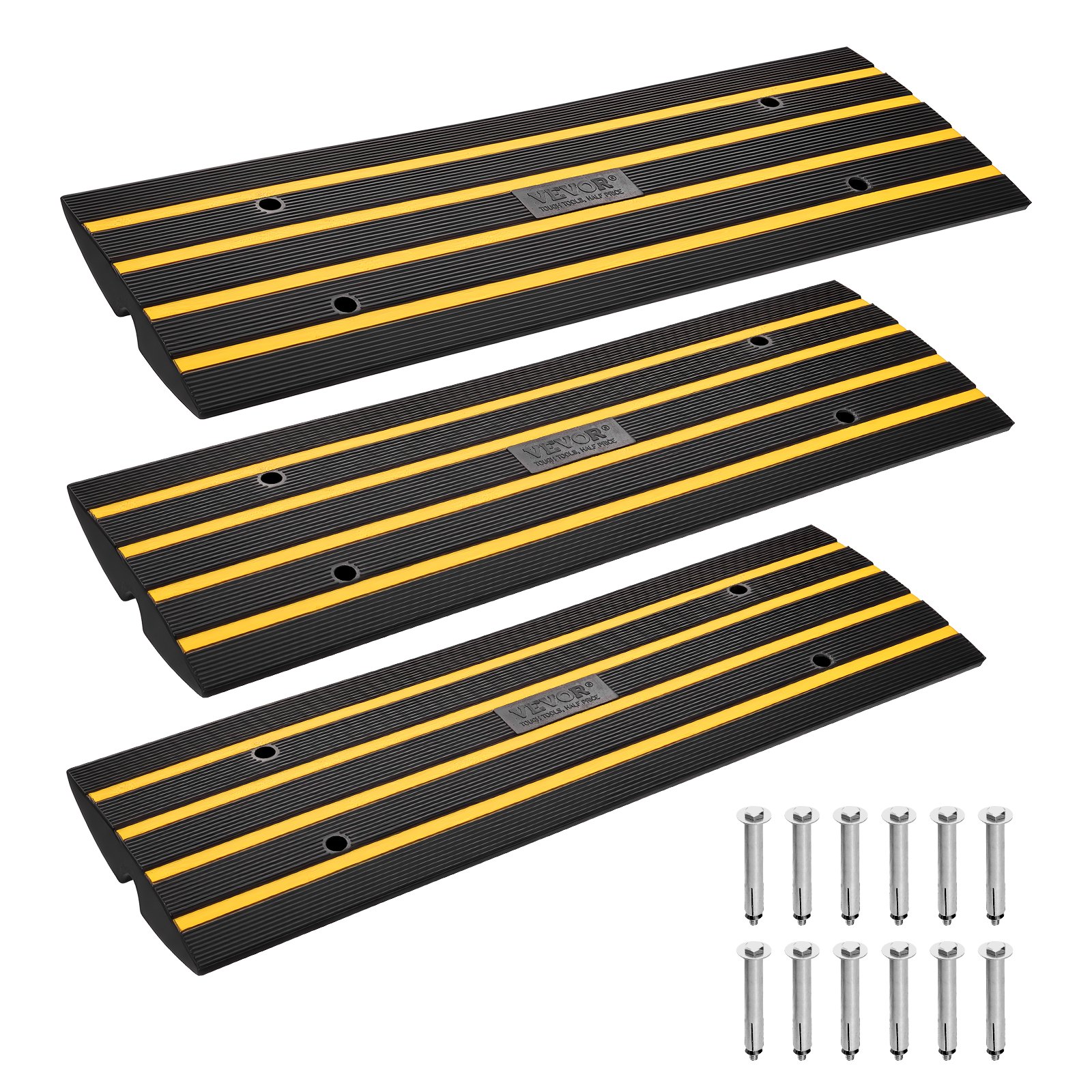 VEVOR Curb Ramp, 3 Pack Rubber Driveway Ramps, Heavy Duty 33069 lbs Weight Capacity Threshold Ramp, 2.6-inch High Curbside Bridge Ramps for Loading Dock Garage Sidewalk, Expandable Full Ramp Set