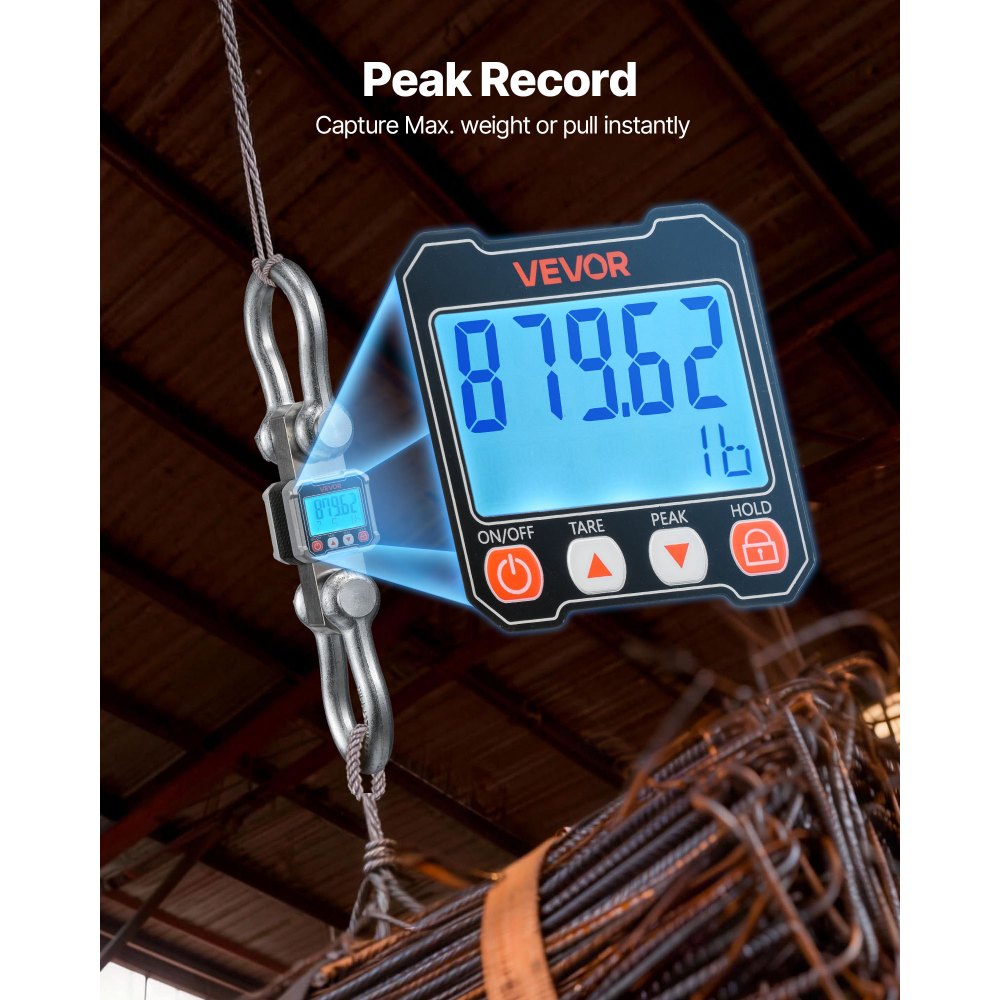 VEVOR Kraanweegschaal 10 T, Digitale Hangweegschaal, Industriële Weegschaal met Gegoten Aluminium Behuizing & LCD-display, 2 kg Aflezing & 3-traps Schakelaar, Afstandsbediening, Spelweegschaal, Haakweegschaal voor Garage & Fabriek