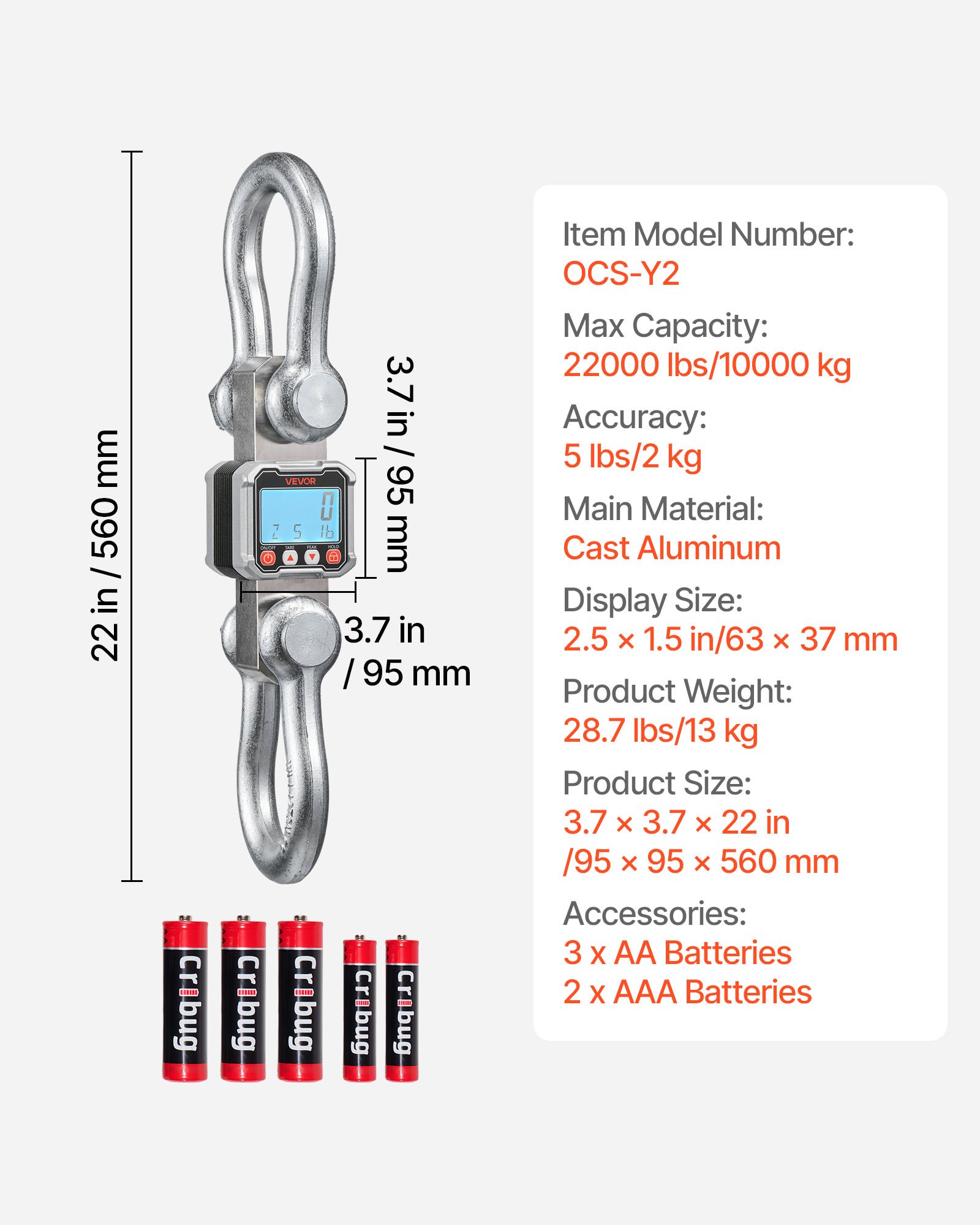 VEVOR Kraanweegschaal 10 T, Digitale Hangweegschaal, Industriële Weegschaal met Gegoten Aluminium Behuizing & LCD-display, 2 kg Aflezing & 3-traps Schakelaar, Afstandsbediening, Spelweegschaal, Haakweegschaal voor Garage & Fabriek