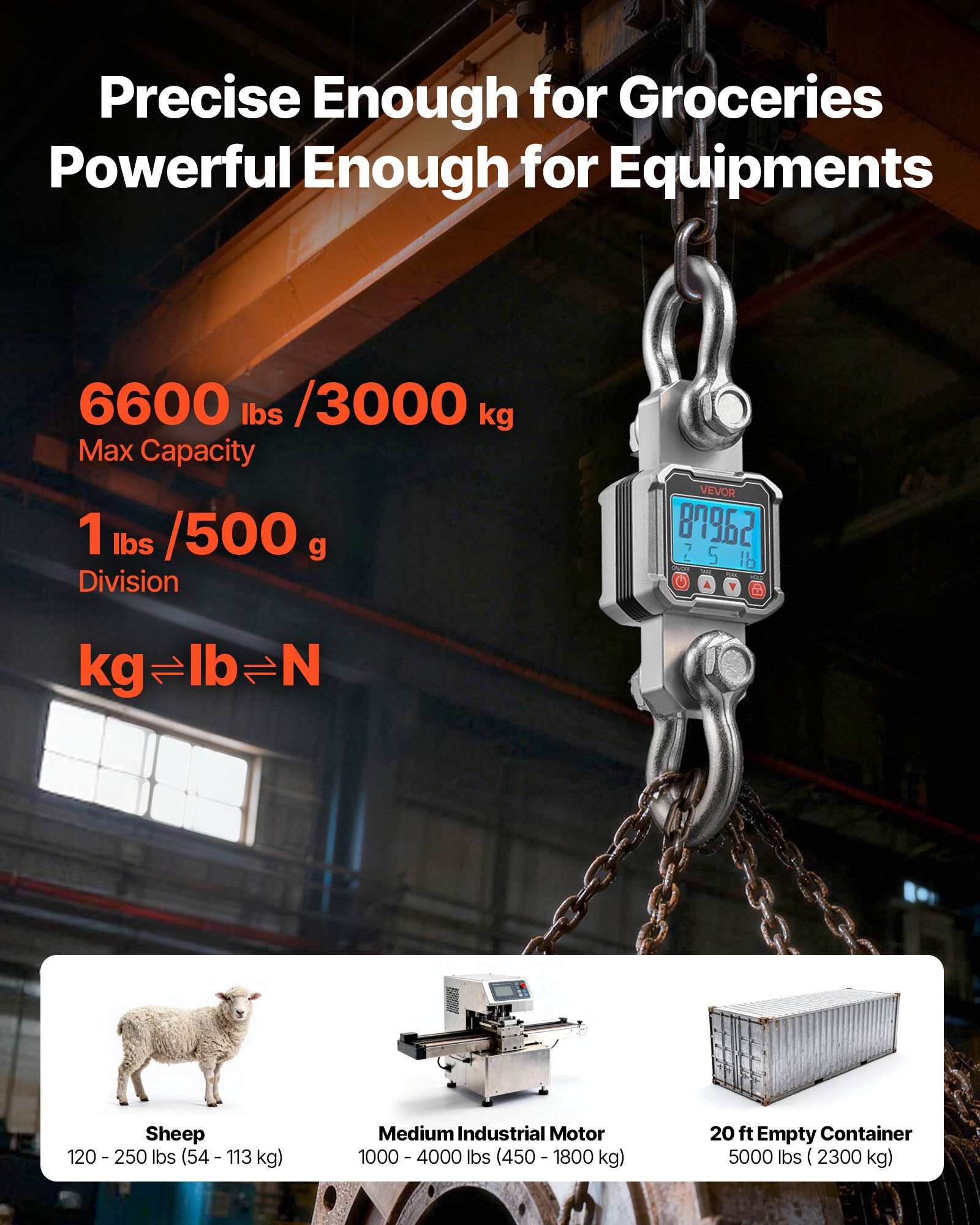 VEVOR Kraanweegschaal 3000 kg, Digitale Hangweegschaal, Industriële Weegschaal met Gegoten Aluminium Behuizing & LCD-display, Aflezing van 500 g & 3-traps schakelaar, Afstandsbediening, Speelweegschaal voor Garage & Fabriek