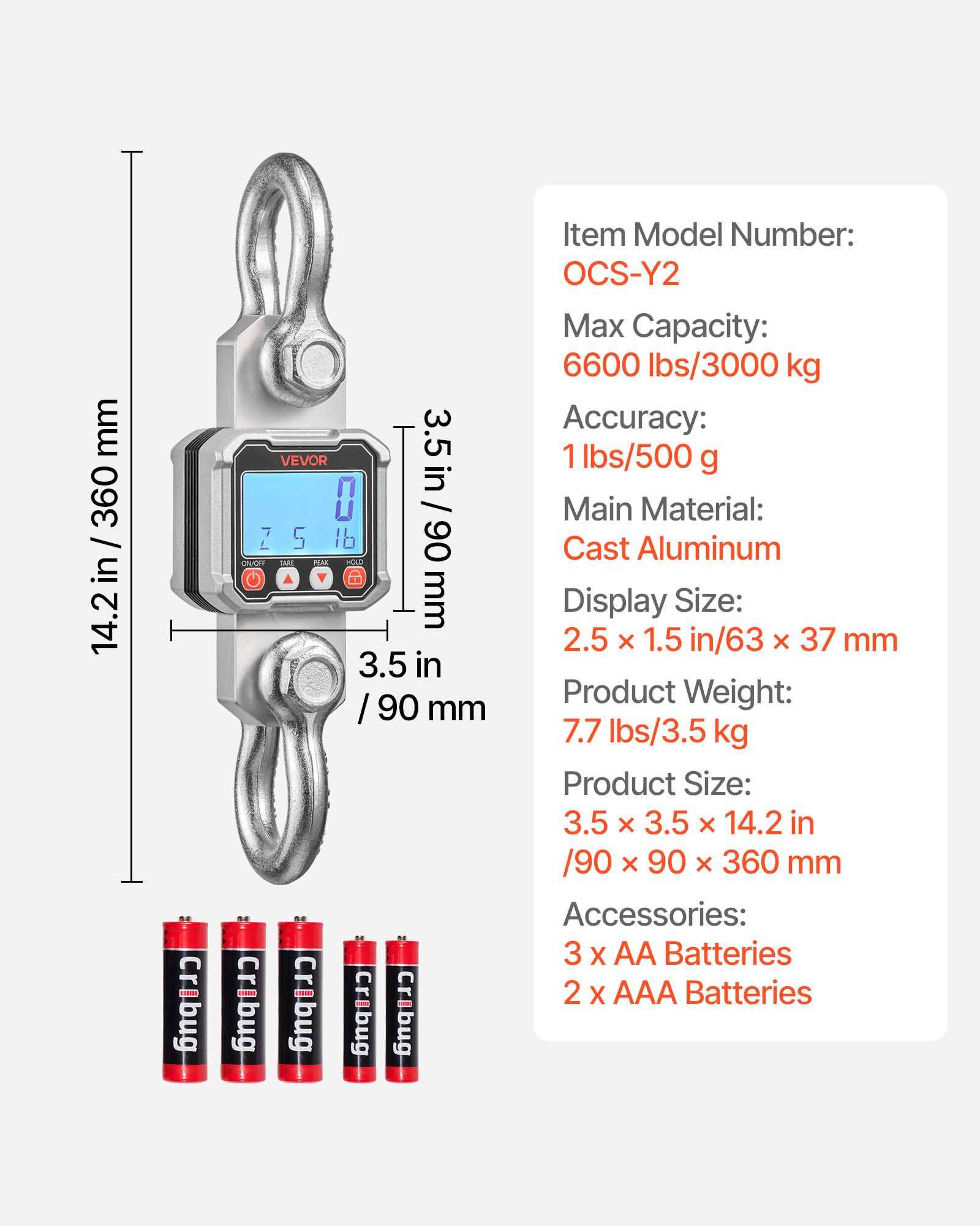 VEVOR Kraanweegschaal 3000 kg, Digitale Hangweegschaal, Industriële Weegschaal met Gegoten Aluminium Behuizing & LCD-display, Aflezing van 500 g & 3-traps schakelaar, Afstandsbediening, Speelweegschaal voor Garage & Fabriek