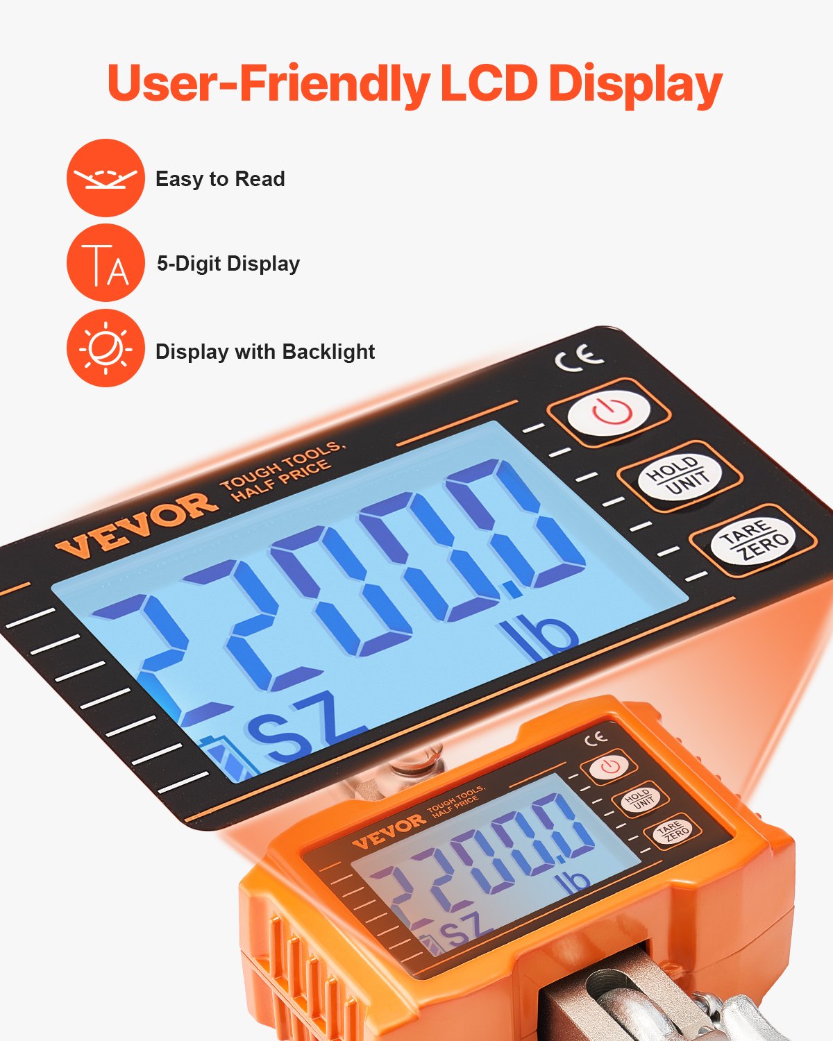VEVOR Digital Crane Scale, 2200 lbs/1000 kg, Industrial Heavy Duty Hanging Scale with Remote Control, Cast Aluminum Case & LCD Screen, High Precision for Construction, Factory, Farm, Hunting (Orange)