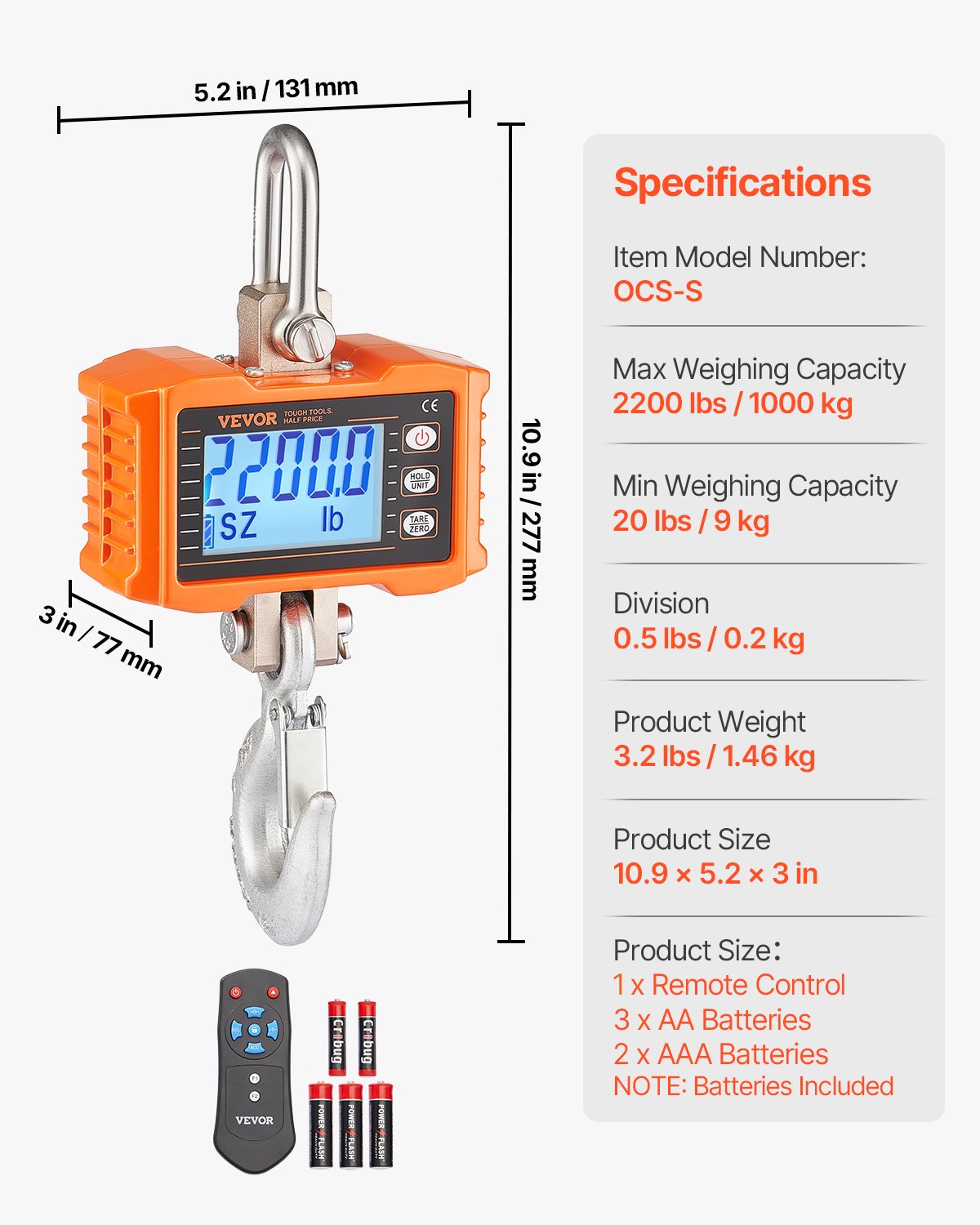 VEVOR Digital Crane Scale, 2200 lbs/1000 kg, Industrial Heavy Duty Hanging Scale with Remote Control, Cast Aluminum Case & LCD Screen, High Precision for Construction, Factory, Farm, Hunting (Orange)
