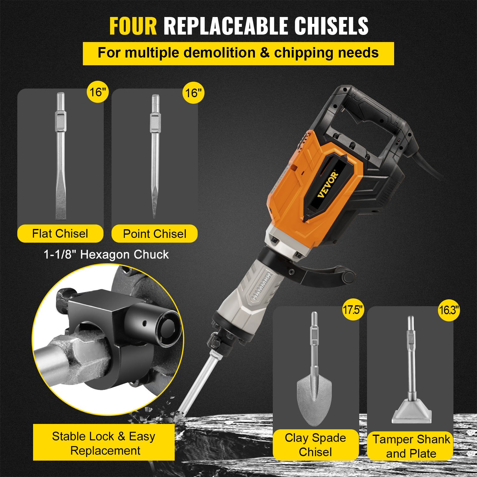 VEVOR Demolition Jack Hammer, 4500W 1800BPM, 1-1/8" Hex Heavy Duty Concrete Breaker with 4 Chisels, Case and Gloves, 220V Industrial Electric Jackhammer for Demolishing, Chipping & Demo, CE Approved