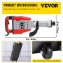 VEVOR Elektrische Sloophamer, 3800W 1800BPM 1-1/8inch Zeskantige Zware Betonbreker, Sloophamer met Beitel Koffer Handschoenen, 220V Elektrische Sloop Jackhammer voor Slopen Chippen CE-goedgekeurd Rood