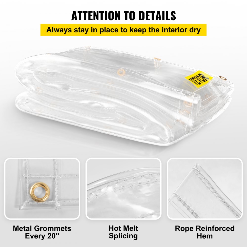 VEVOR Clear Vinyl Tarp, 8 x 12 ft 20 Mil Thick, Heavy-Duty Waterproof Patio Enclosure, Tear and Weather Proof Transparent PVC Tarpaulin, with Brass Grommets and Reinforced Edges for Outdoor Cover