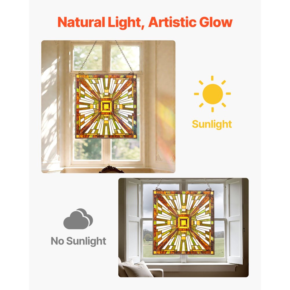 VEVOR Glas-in-lood Raampaneel (501 x 527 mm) Hangend glas-in-lood met ketting, Tiffany-stijl glas-in-lood om op te hangen, traditionele rechthoekige vintage ambachtelijke raamdecoratie voor keuken en kerk