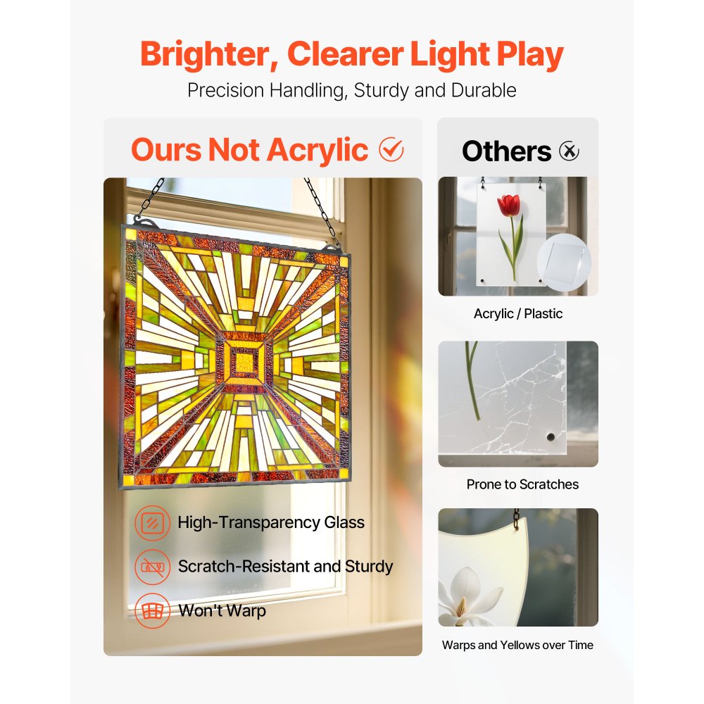 VEVOR Glas-in-lood Raampaneel (501 x 527 mm) Hangend glas-in-lood met ketting, Tiffany-stijl glas-in-lood om op te hangen, traditionele rechthoekige vintage ambachtelijke raamdecoratie voor keuken en kerk